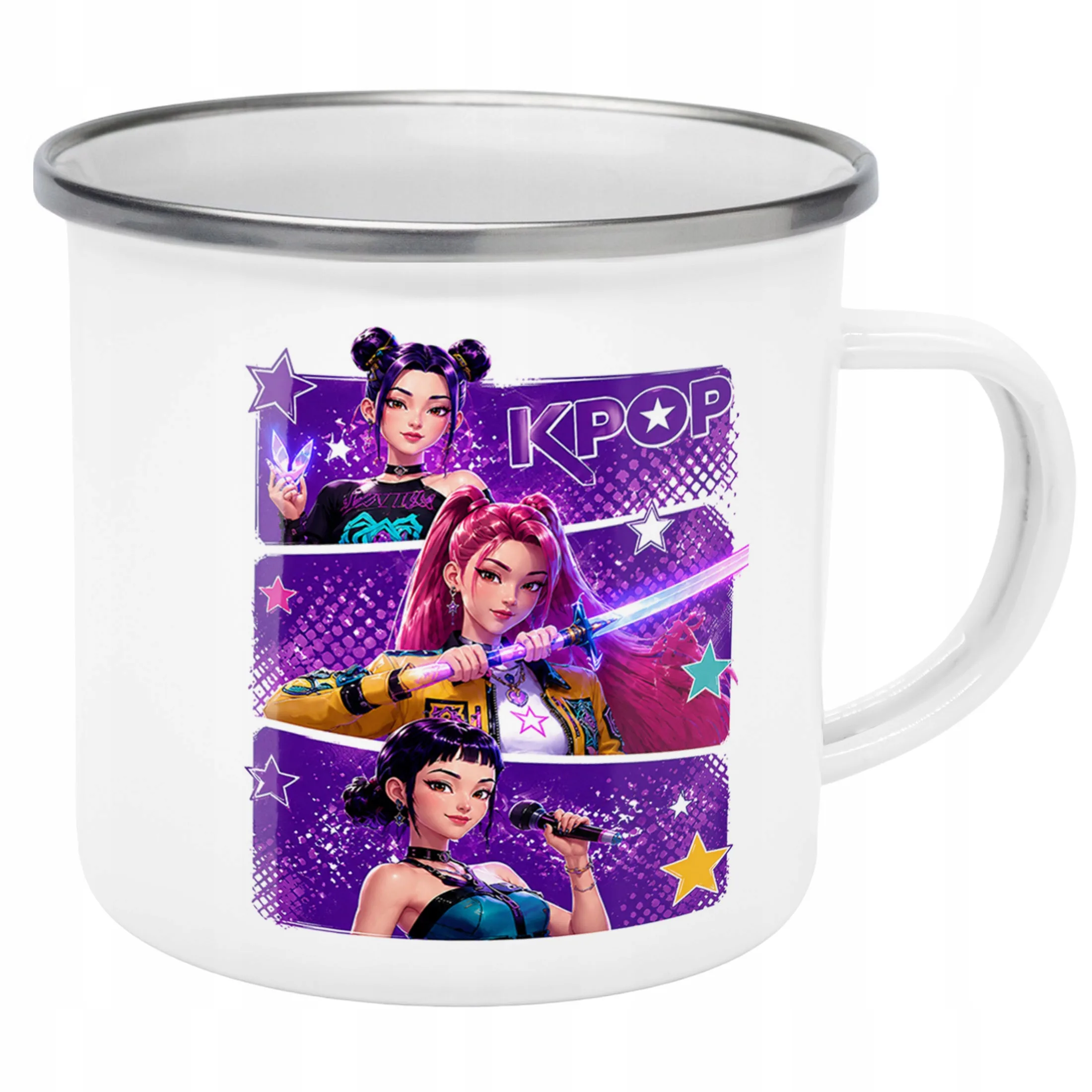 Kubek Emaliowany ŁOWCZYNIE KPOP z Nadrukiem Biały Metalowy Prezent
