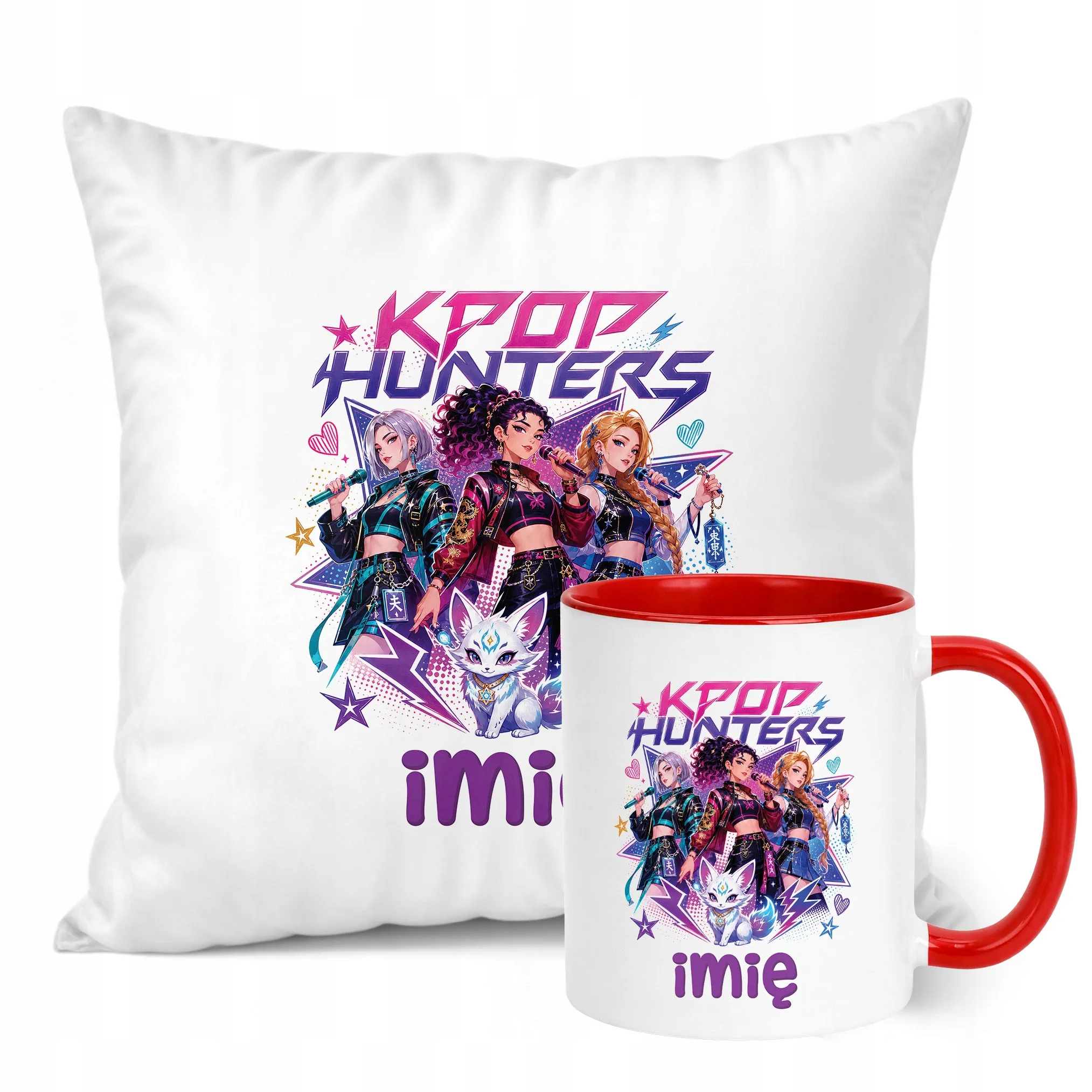 Zestaw Personalizowany Kubek Czerwony Poduszka Łowczynie Kpop Prezent