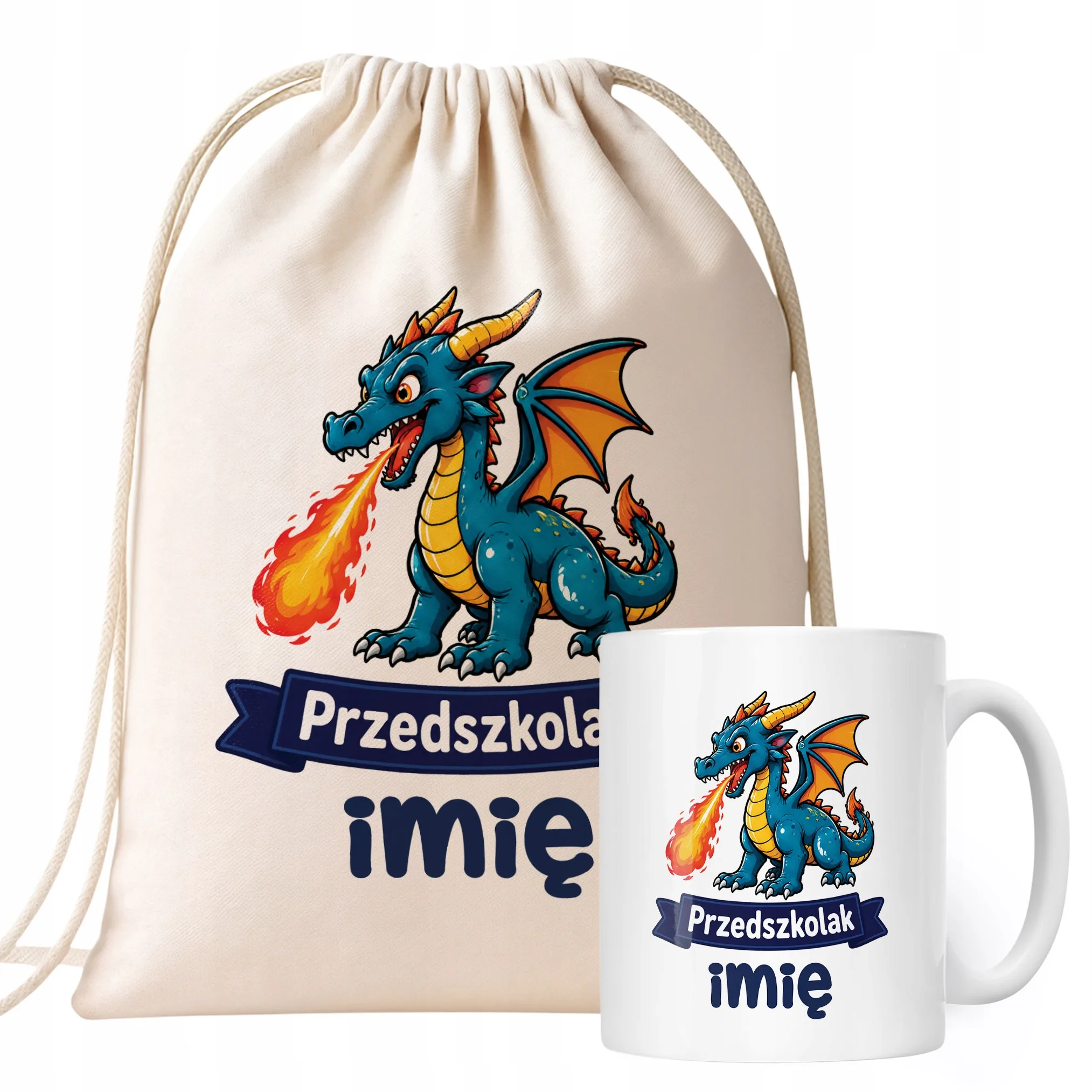 Zestaw Personalizowany Plecak Worek Kubek Przedszkolak Smok Prezent