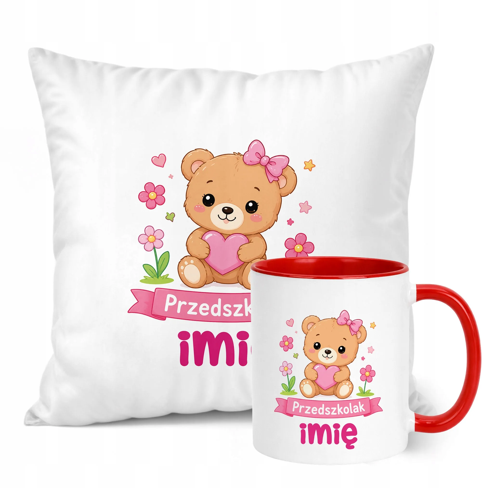 Zestaw Personalizowany Kubek Czerwony Poduszka Przedszkolak Miś