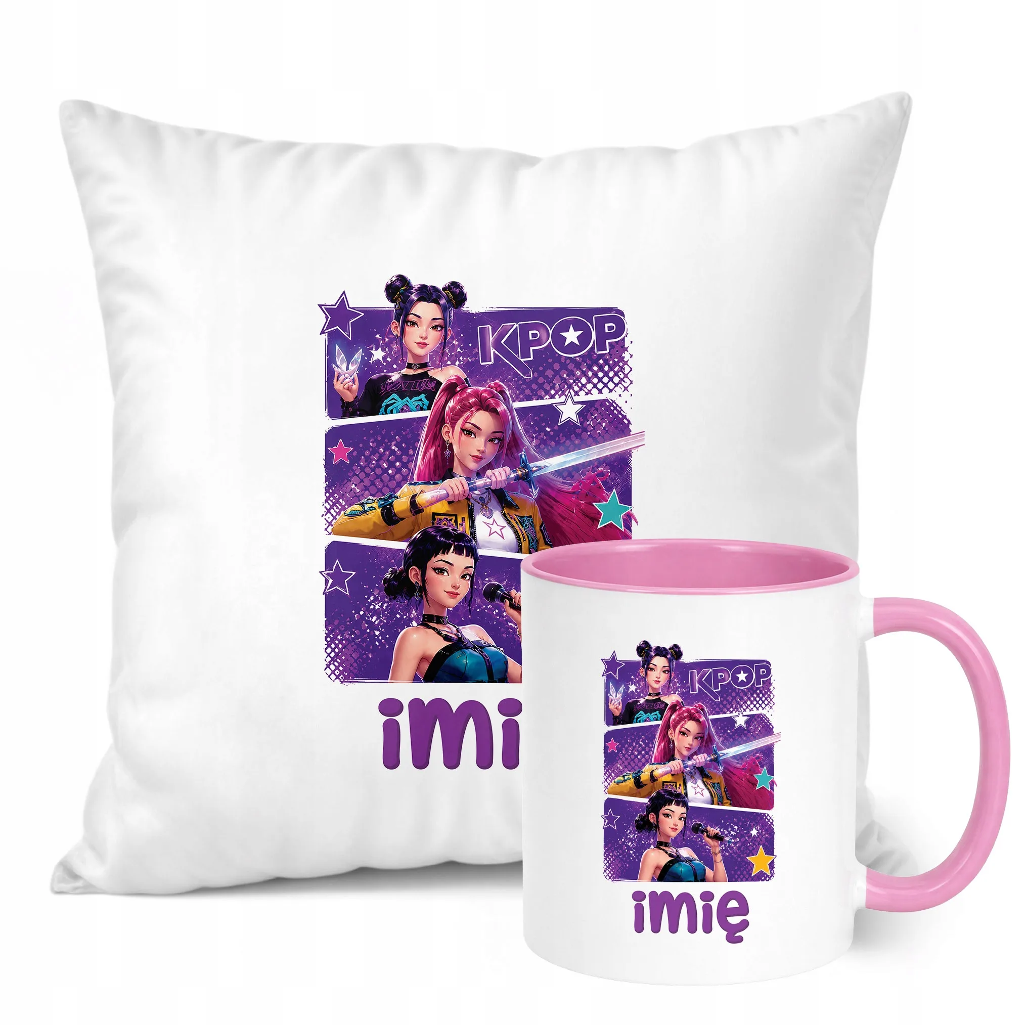 Zestaw Personalizowany Kubek Różowy Poduszka Łowczynie Kpop Prezent