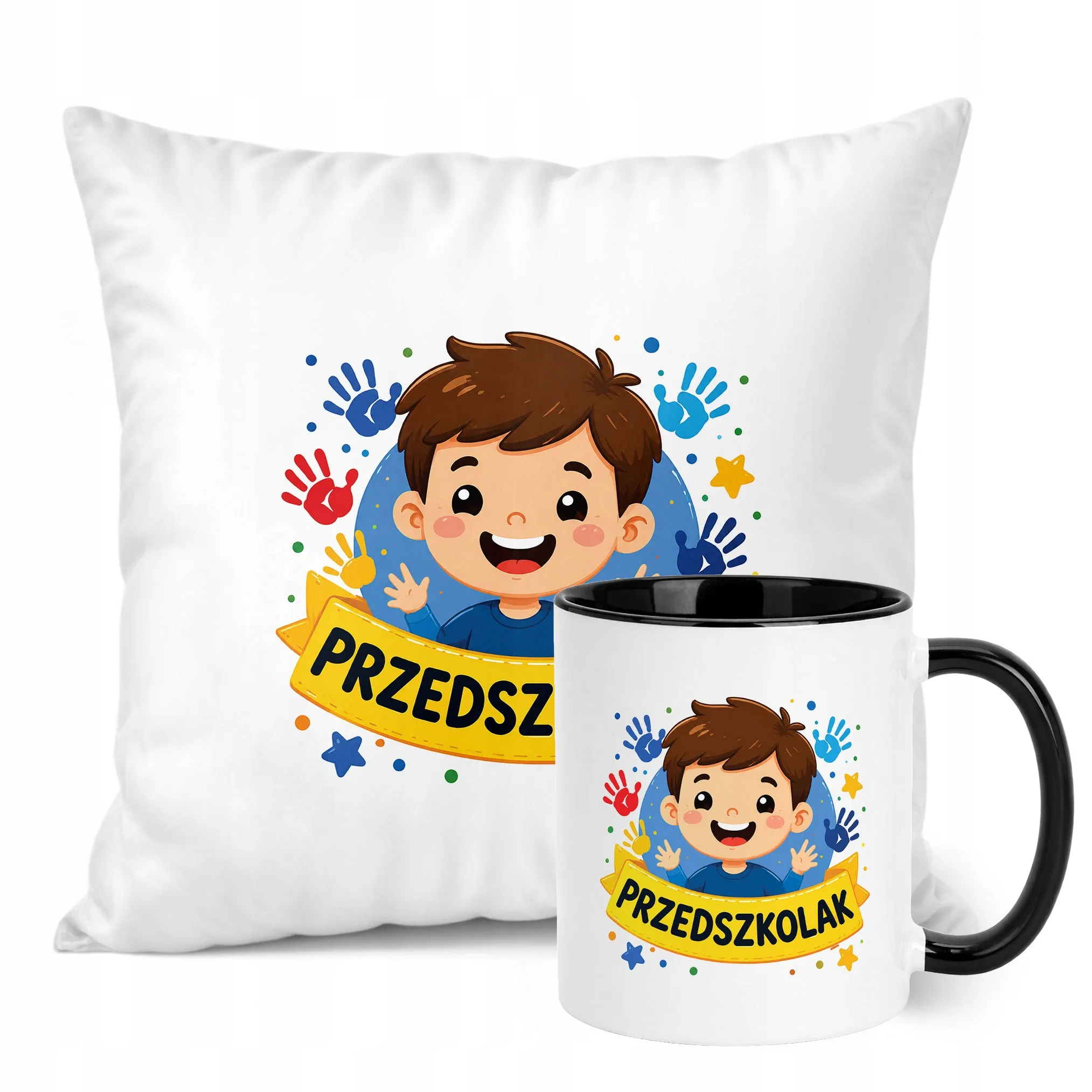 Zestaw Kubek Czarny Poduszka Z Nadrukiem Przedszkolak Szkoła Prezent