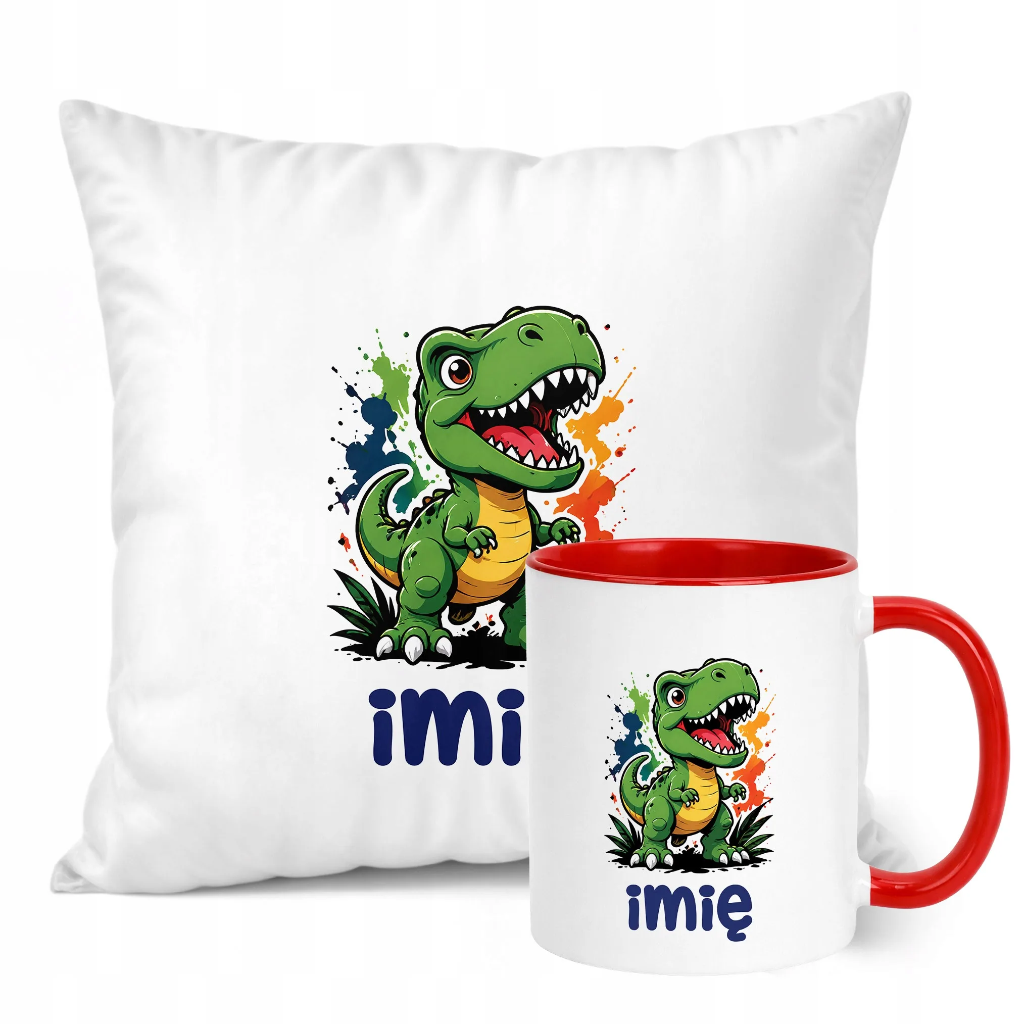 Zestaw Personalizowany Kubek Czerwony Poduszka T-rex Prezent