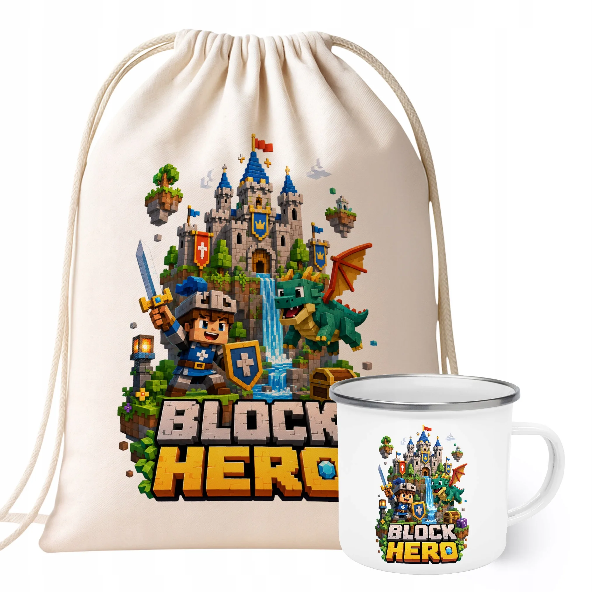 Zestaw Plecak Worek Kubek Emaliowany Z Nadrukiem BLOCK HERO Gra Prezent