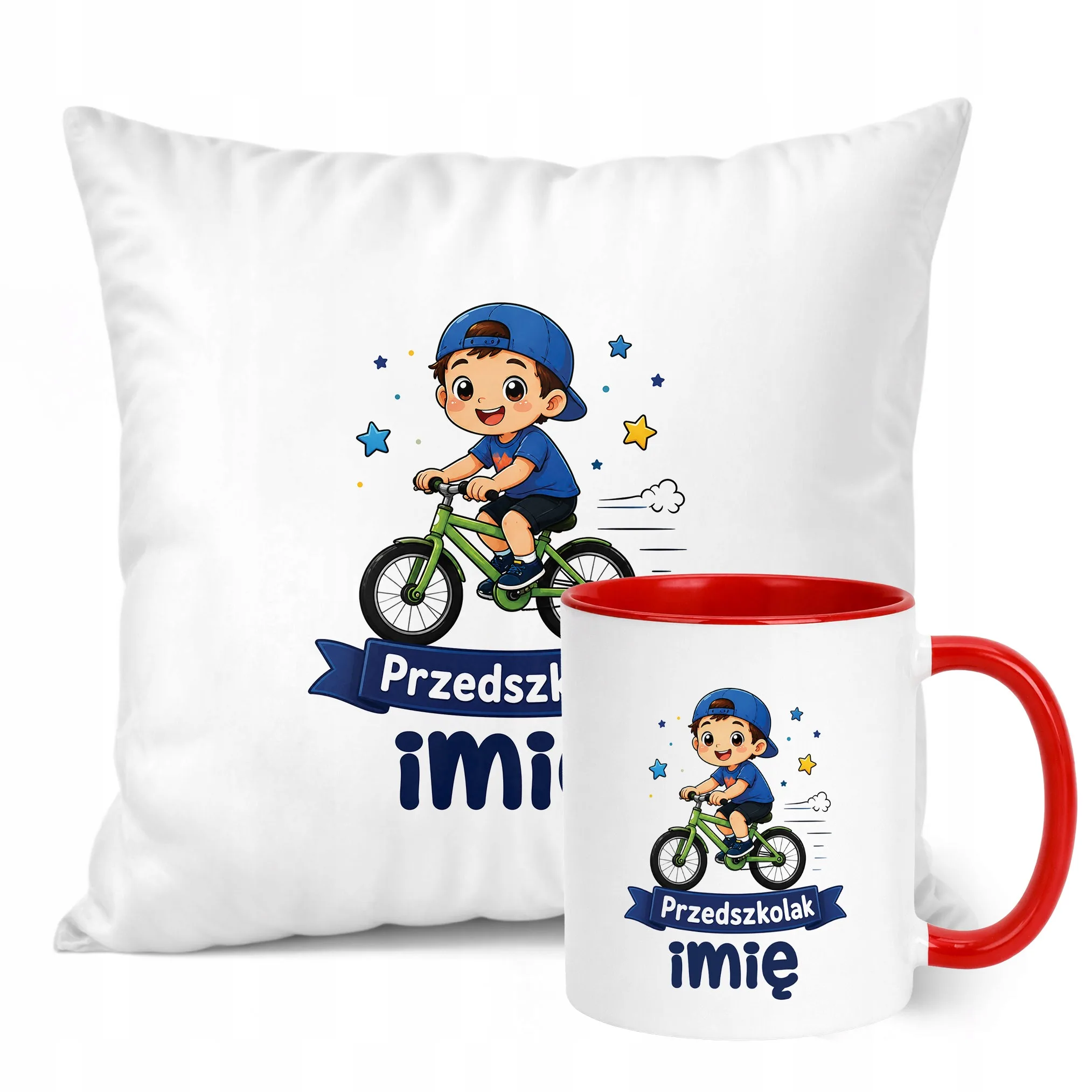 Zestaw Personalizowany Kubek Czerwony Poduszka Przedszkolak Rower