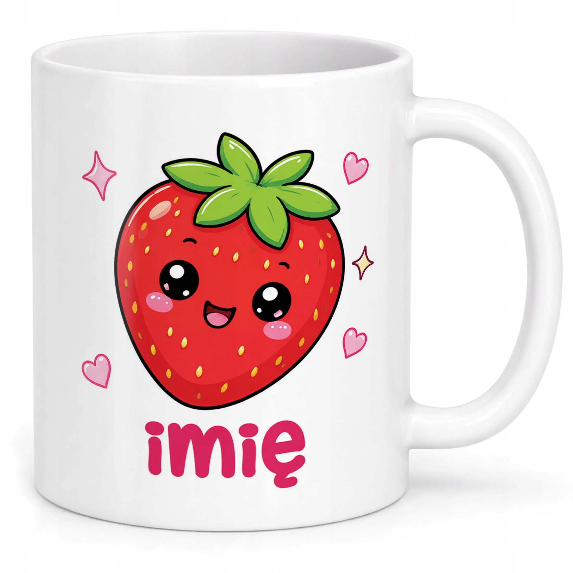 Biały Kubek z nadrukiem personalizowany Kawaii Truskawka Dla Dzieci
