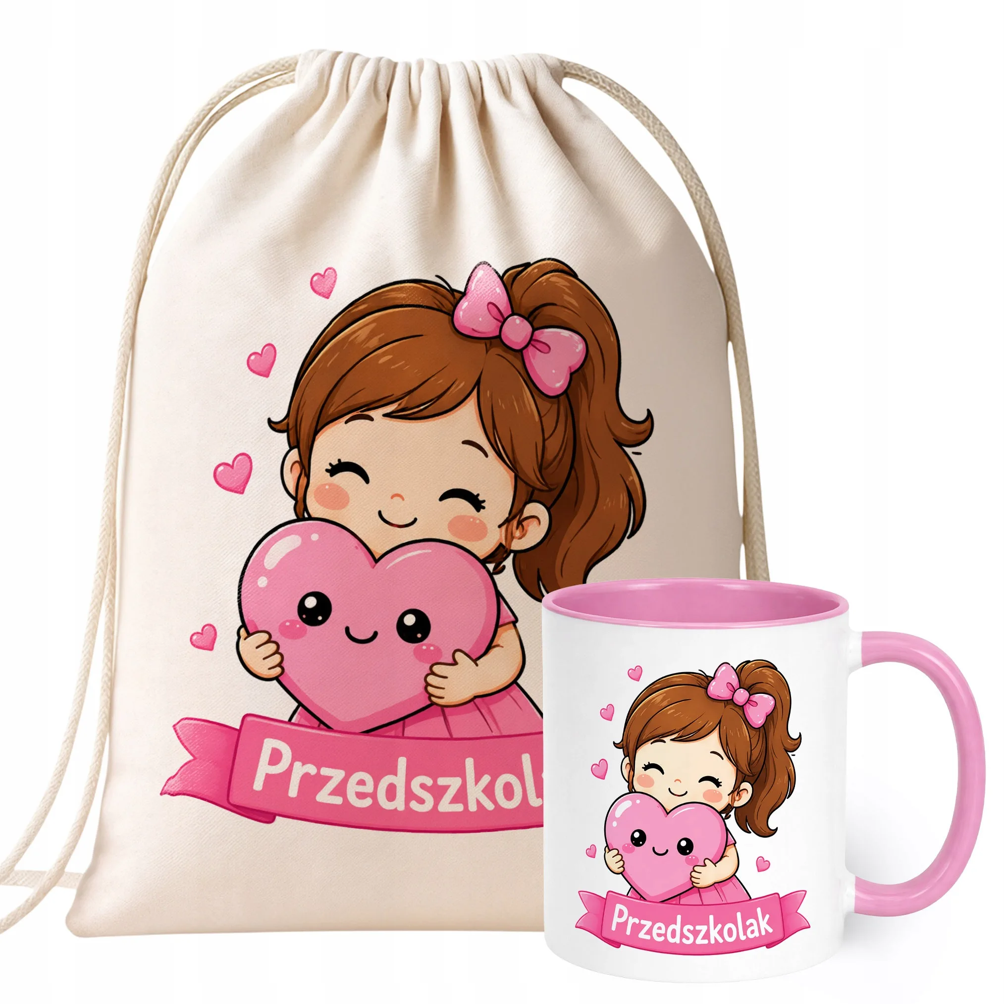 Zestaw Plecak Worek Kubek Różowy Z Nadrukiem Przedszkolak Dla Dzieci