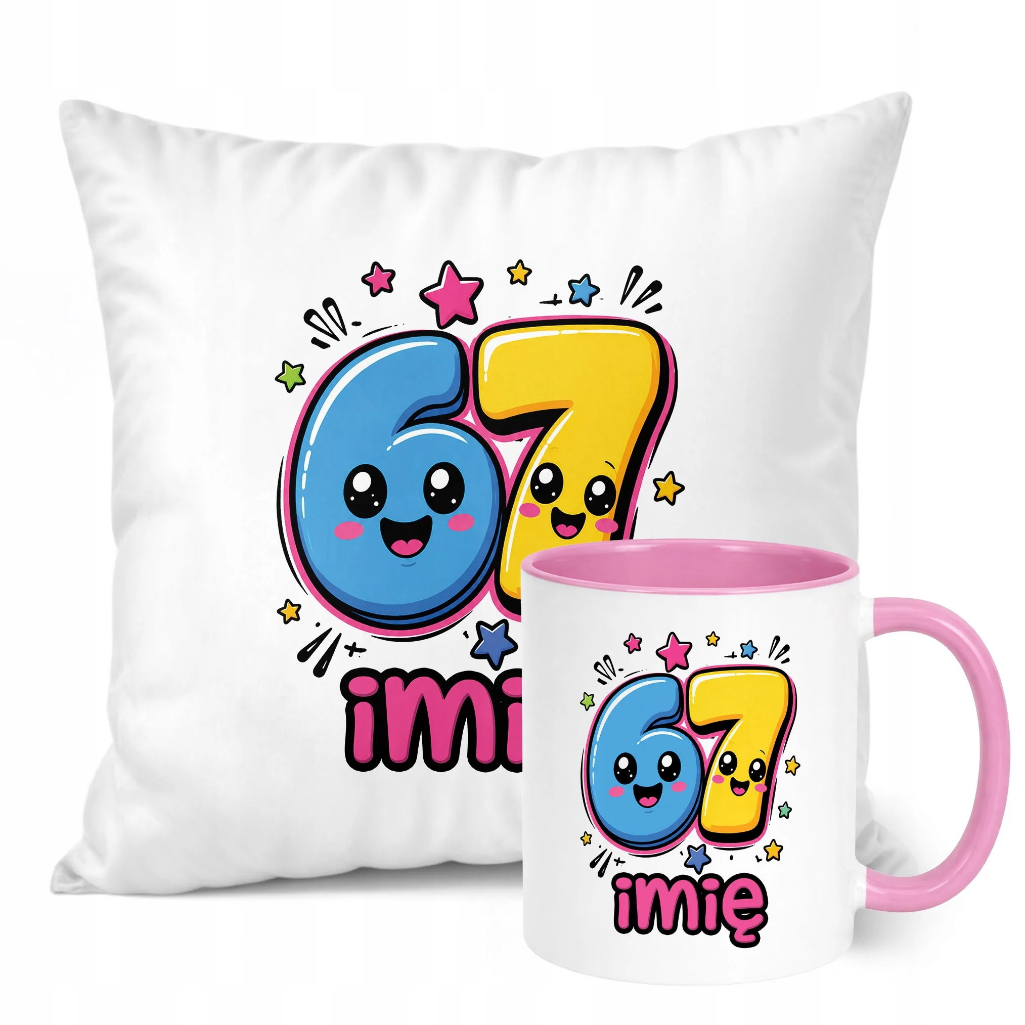 Zestaw Personalizowany Kubek Różowy Poduszka 67 Six Seven Prezent