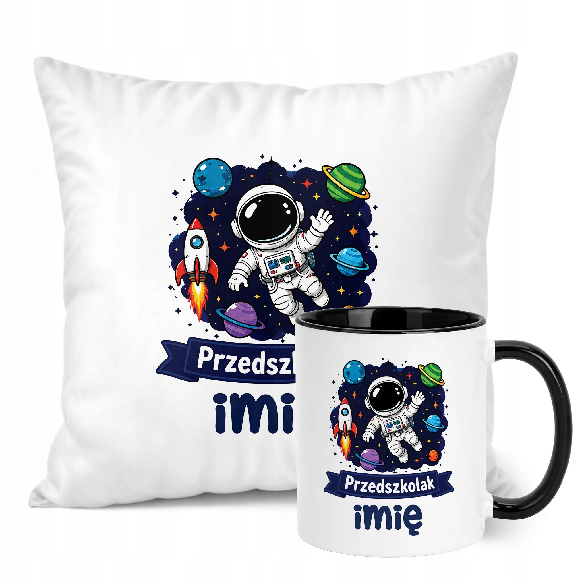 Zestaw Personalizowany Kubek Czarny Poduszka Przedszkolak Astronauta