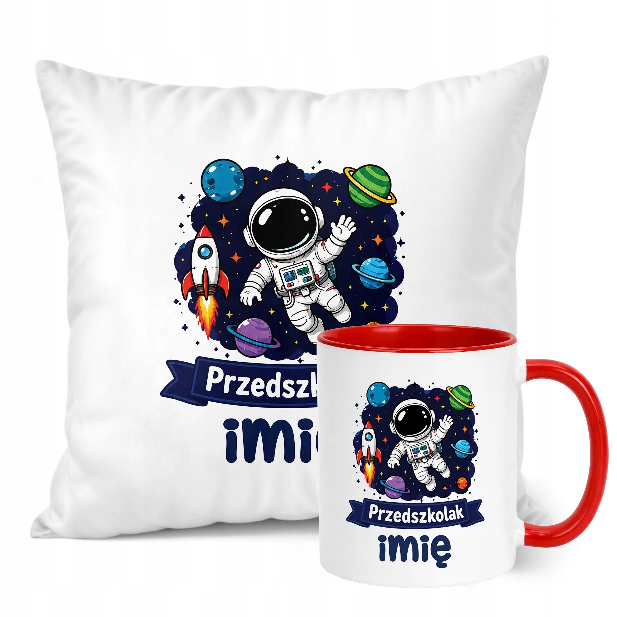 Zestaw Personalizowany Kubek Czerwony Poduszka Przedszkolak Astronauta