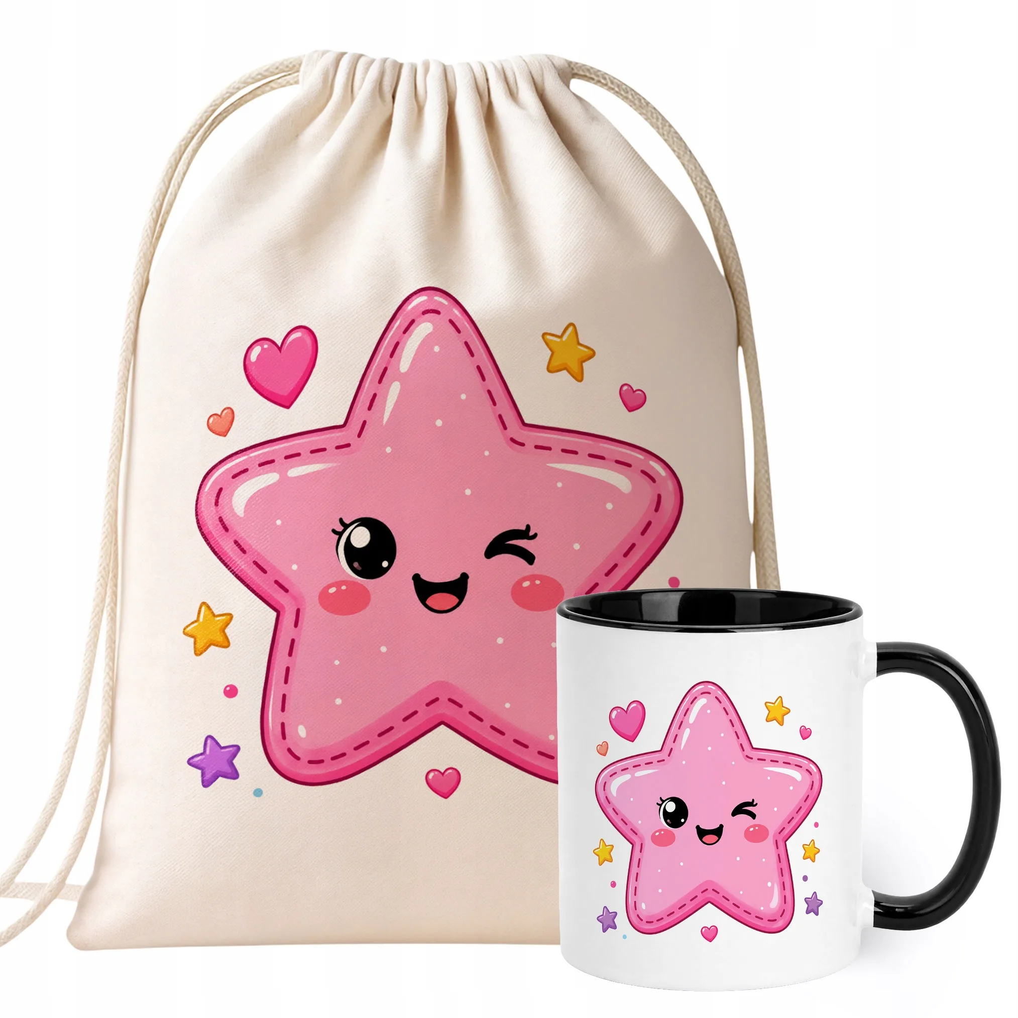 Zestaw Plecak Worek Kubek Czarny Z Nadrukiem Kawaii Gwiazdka Prezent