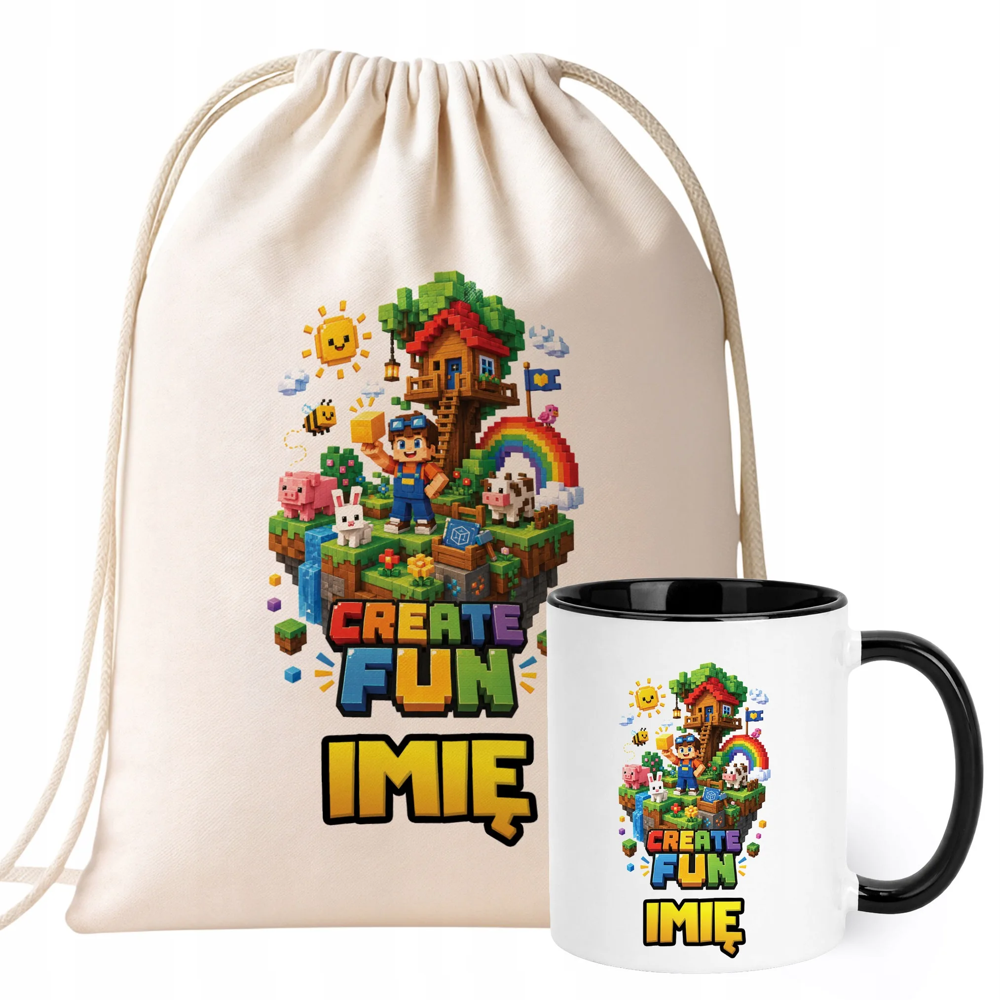 Zestaw Personalizowany Plecak Worek Kubek Czarny gra Create Fun Prezent