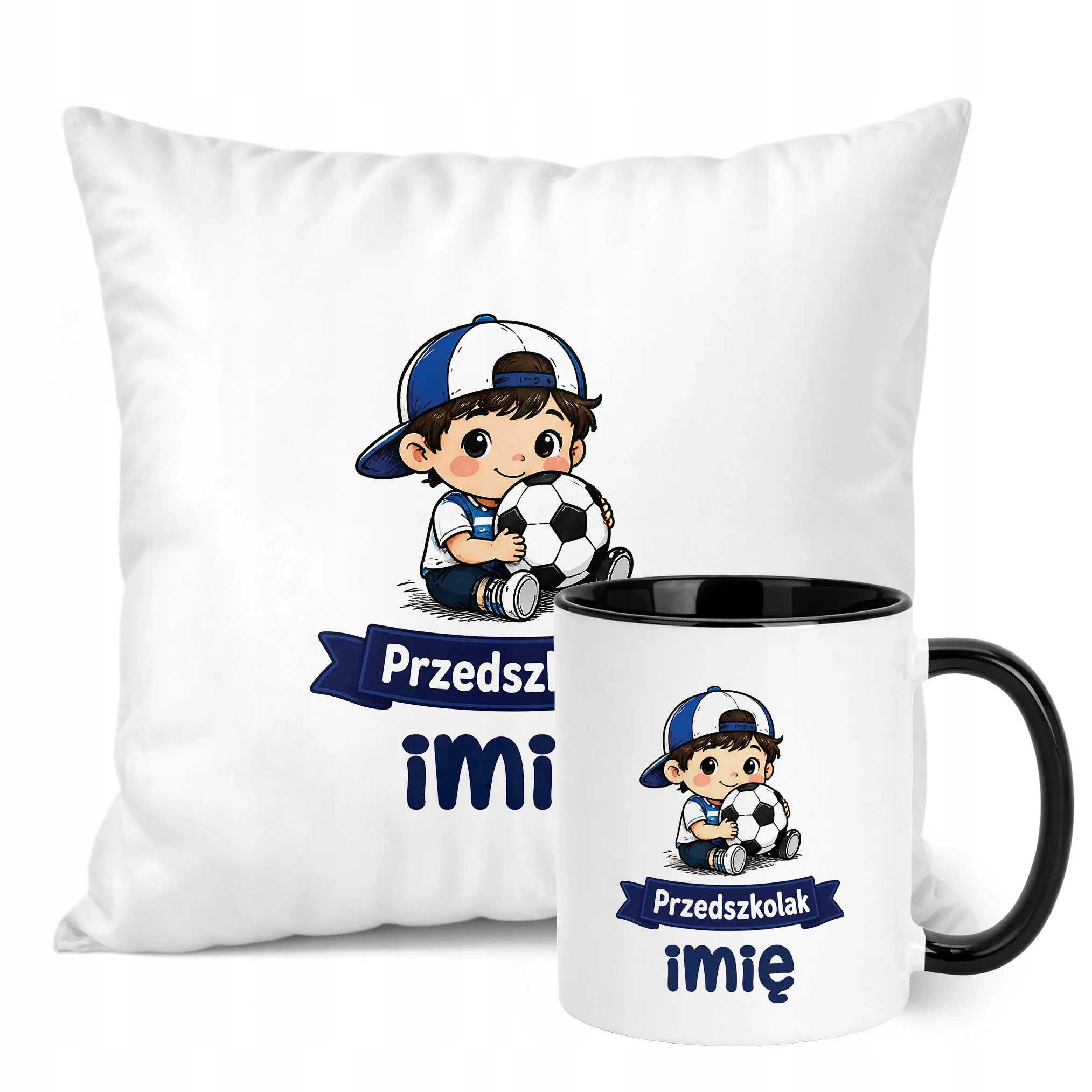 Zestaw Personalizowany Kubek Czarny Poduszka Przedszkolak Piłka
