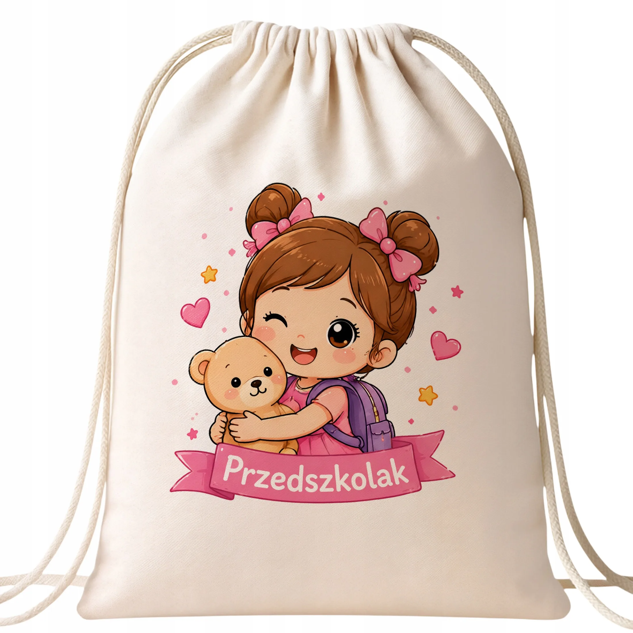 Plecak Worek Przedszkolak z Nadrukiem Bawełniany Szkolny na Buty Ecru