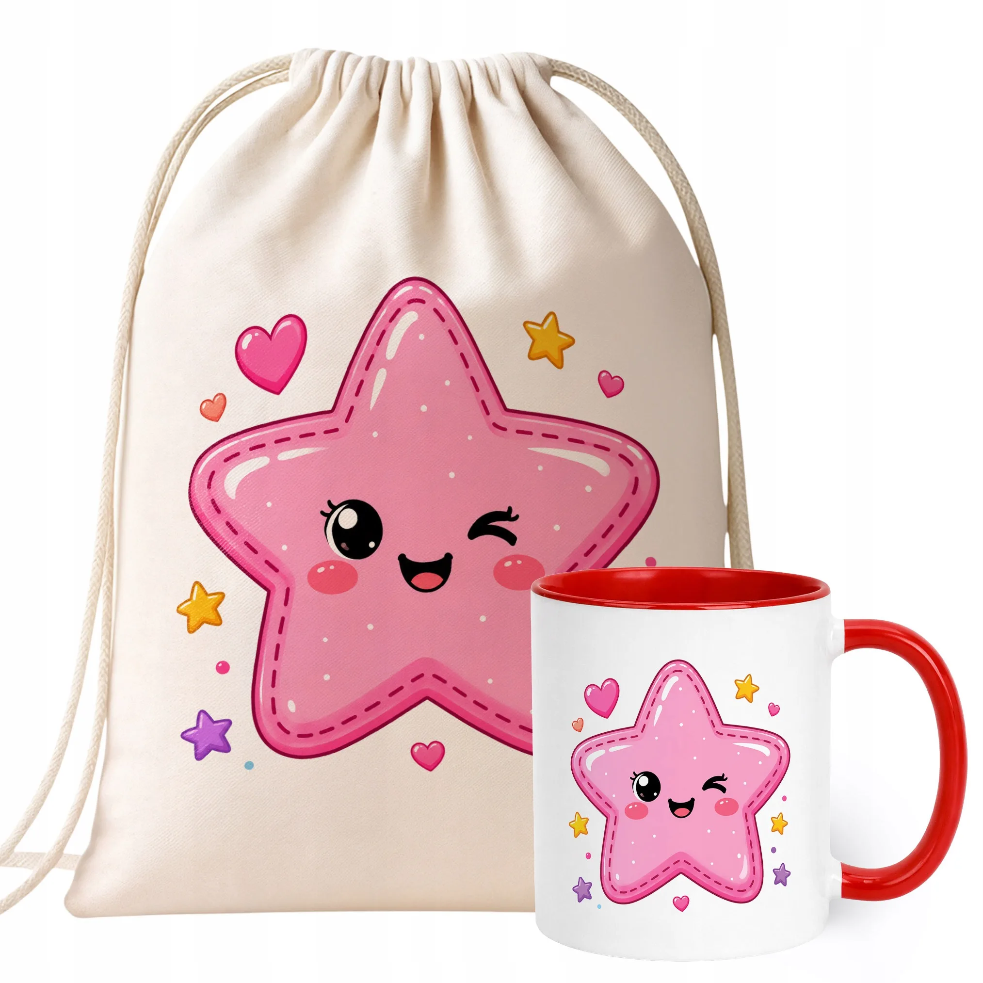 Zestaw Plecak Worek Kubek Czerwony Z Nadrukiem Kawaii Gwiazdka Prezent