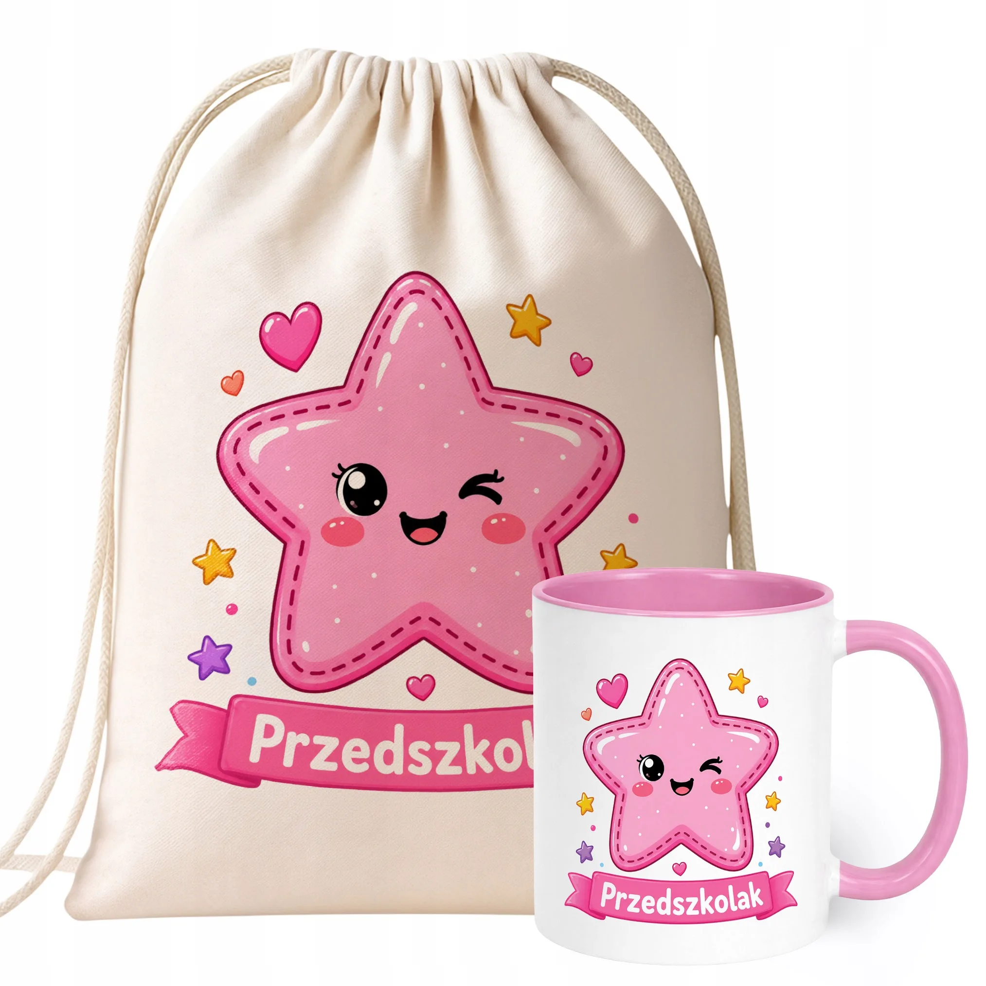 Zestaw Plecak Worek Kubek Różowy Z Nadrukiem Przedszkolak Dla Dzieci