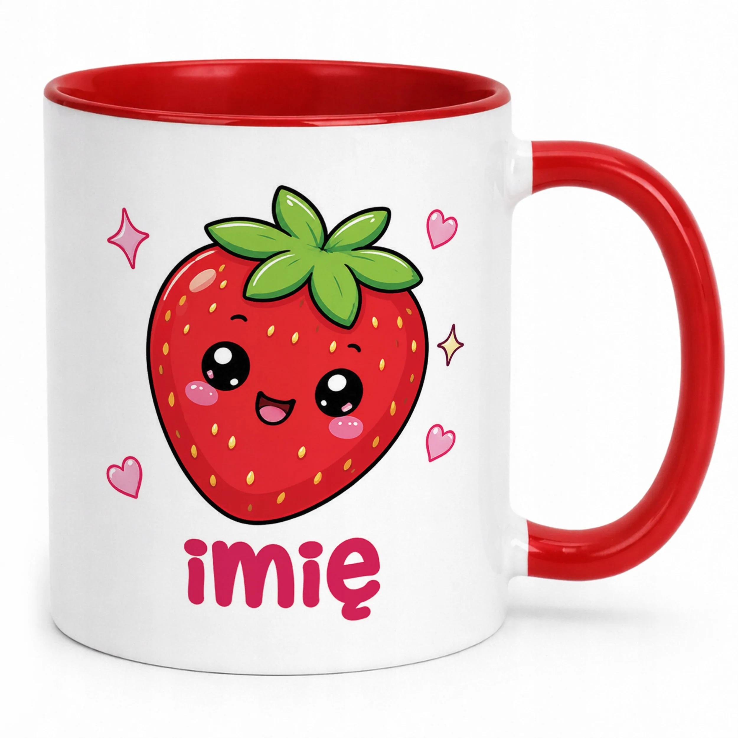 Kubek Czerwony z nadrukiem personalizowany Kawaii Truskawka Dla Dzieci