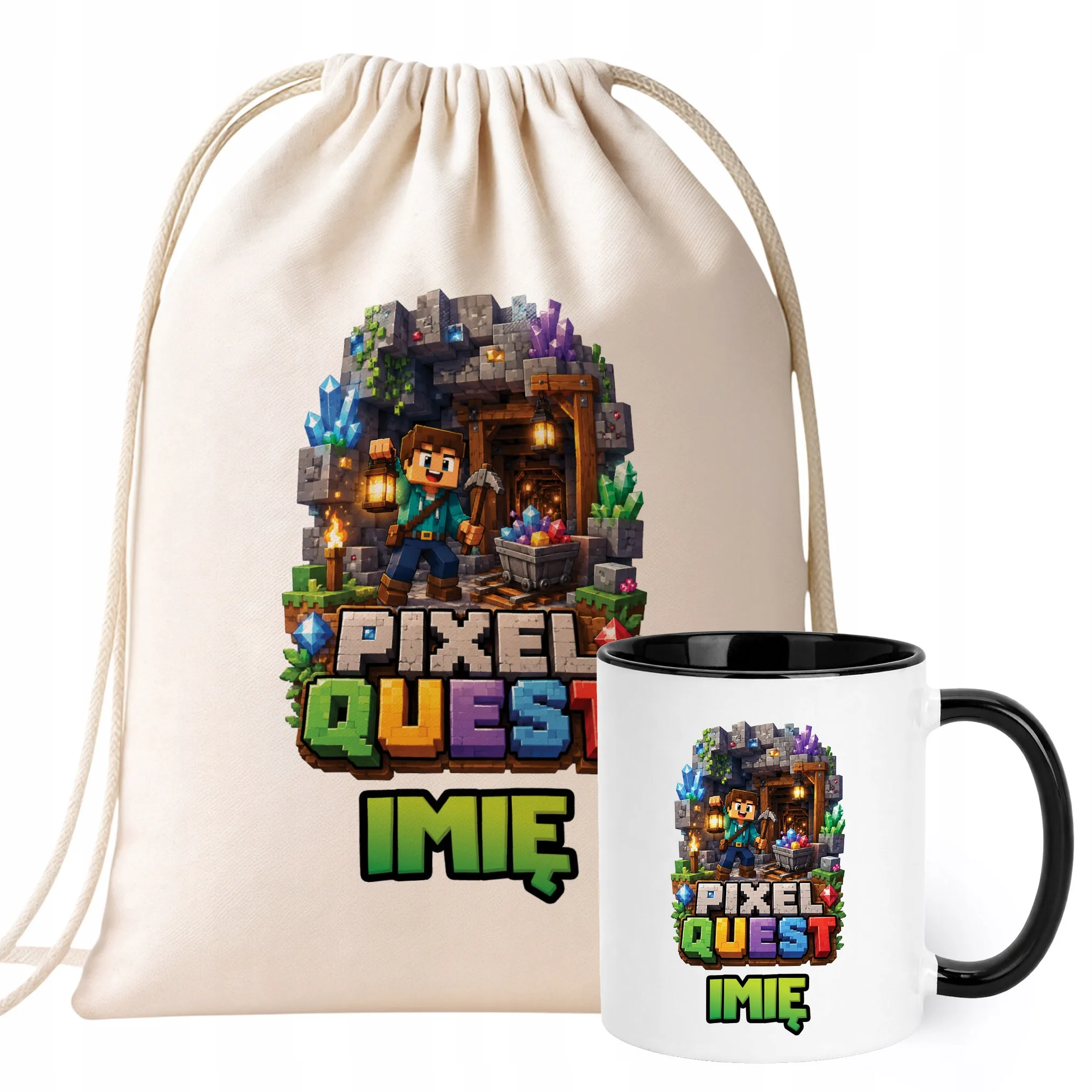 Zestaw Personalizowany Plecak Worek Kubek Czarny gra Pixel Quest Prezent