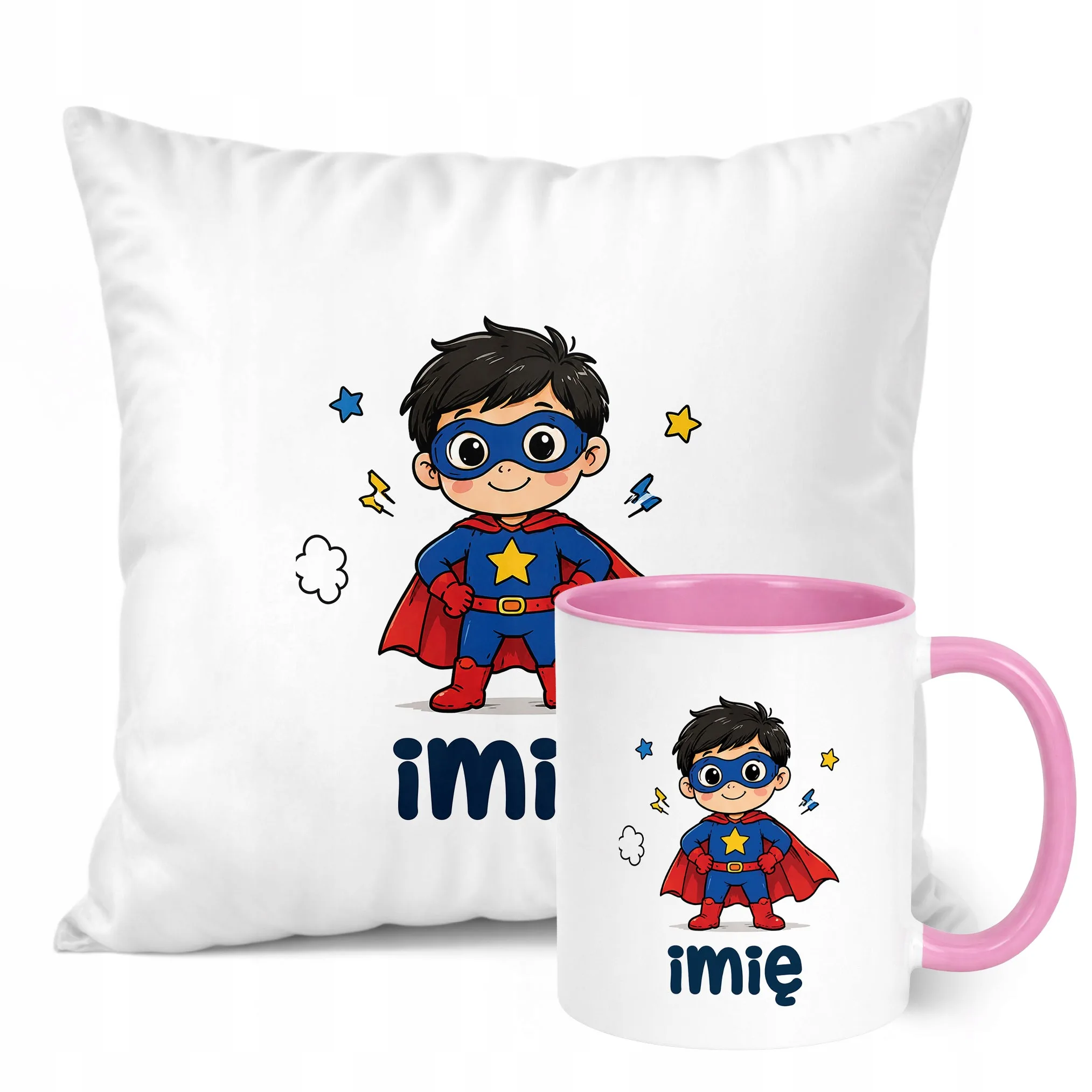 Zestaw Personalizowany Kubek Różowy Poduszka Superbohater Prezent