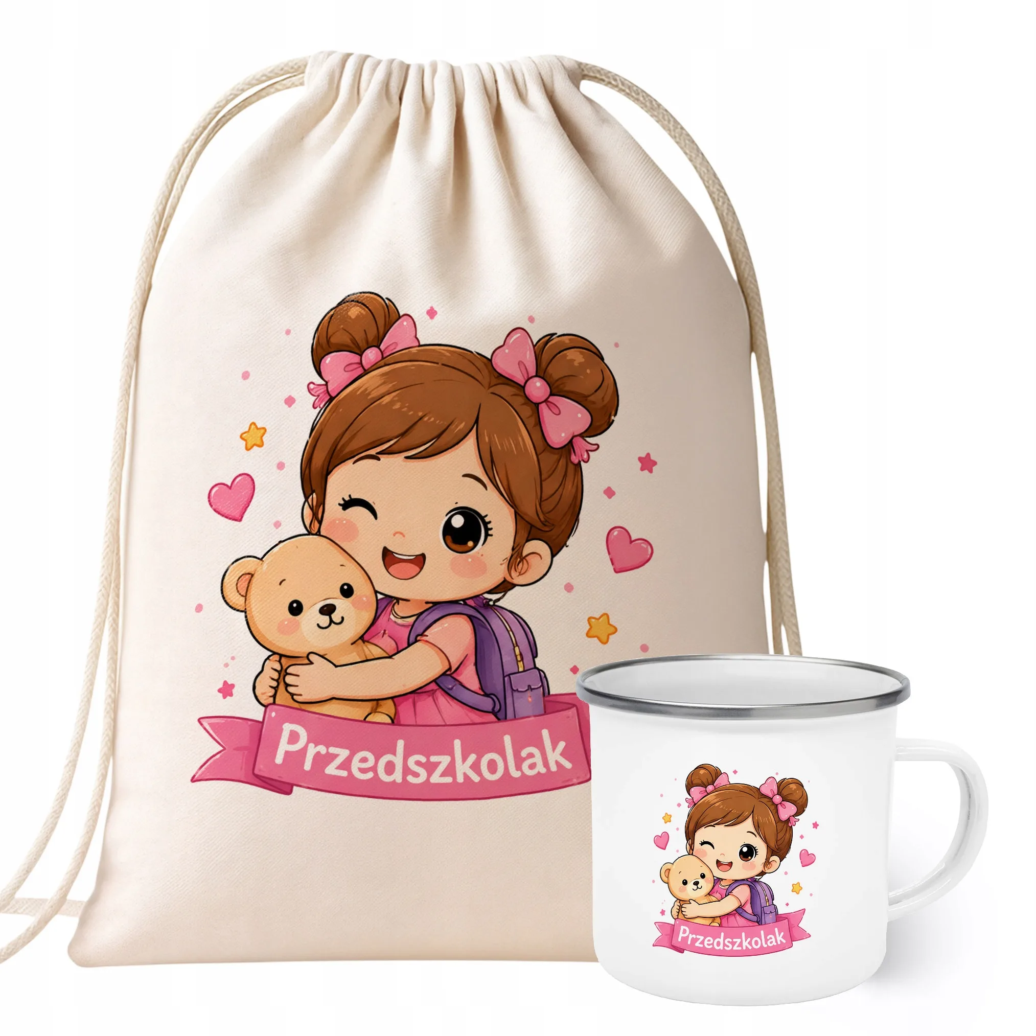 Zestaw Plecak Worek Kubek Emaliowany Z Nadrukiem Przedszkolak Szkoła