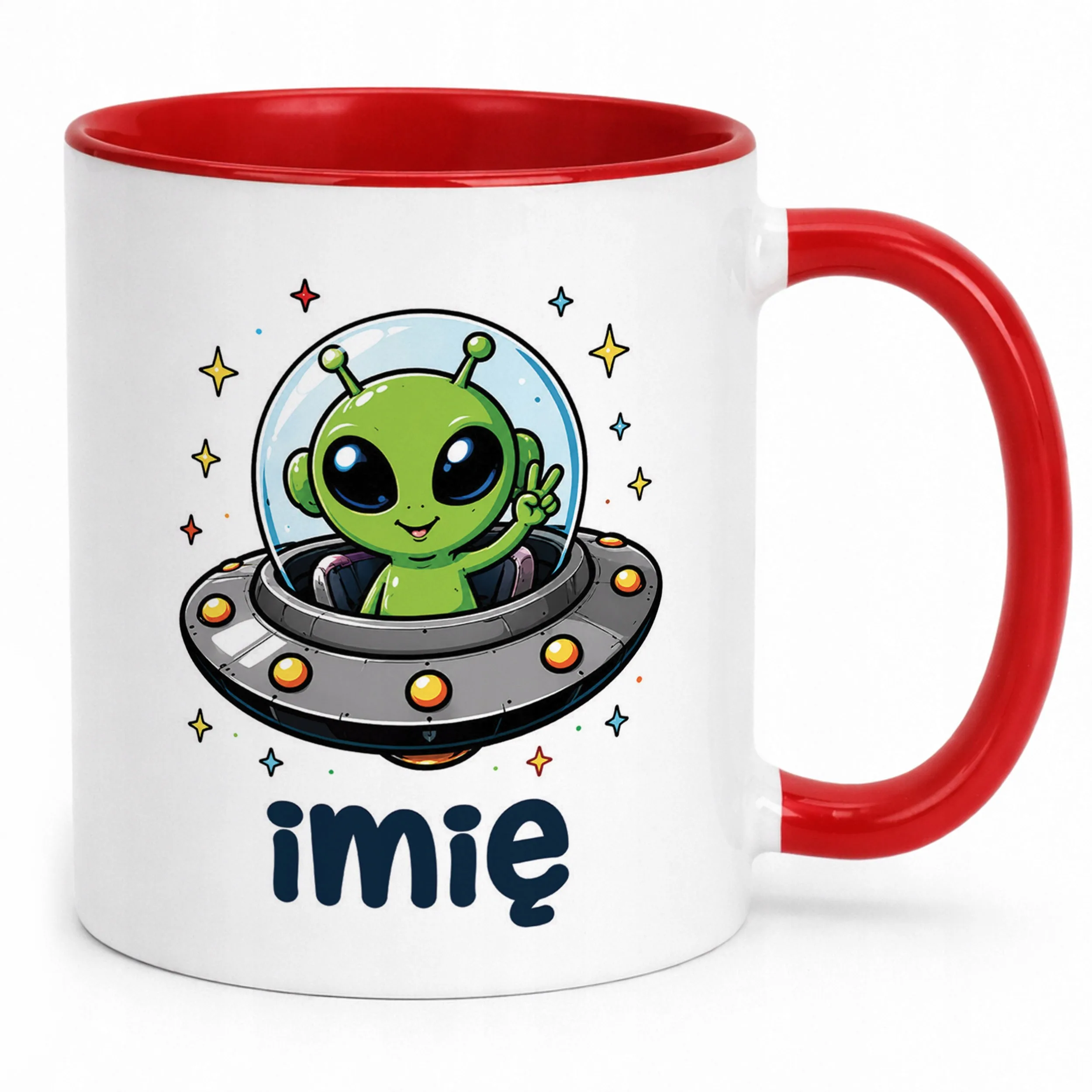 Kubek Czerwony z nadrukiem personalizowany Kosmita UFO Dla Dzieci Prezent