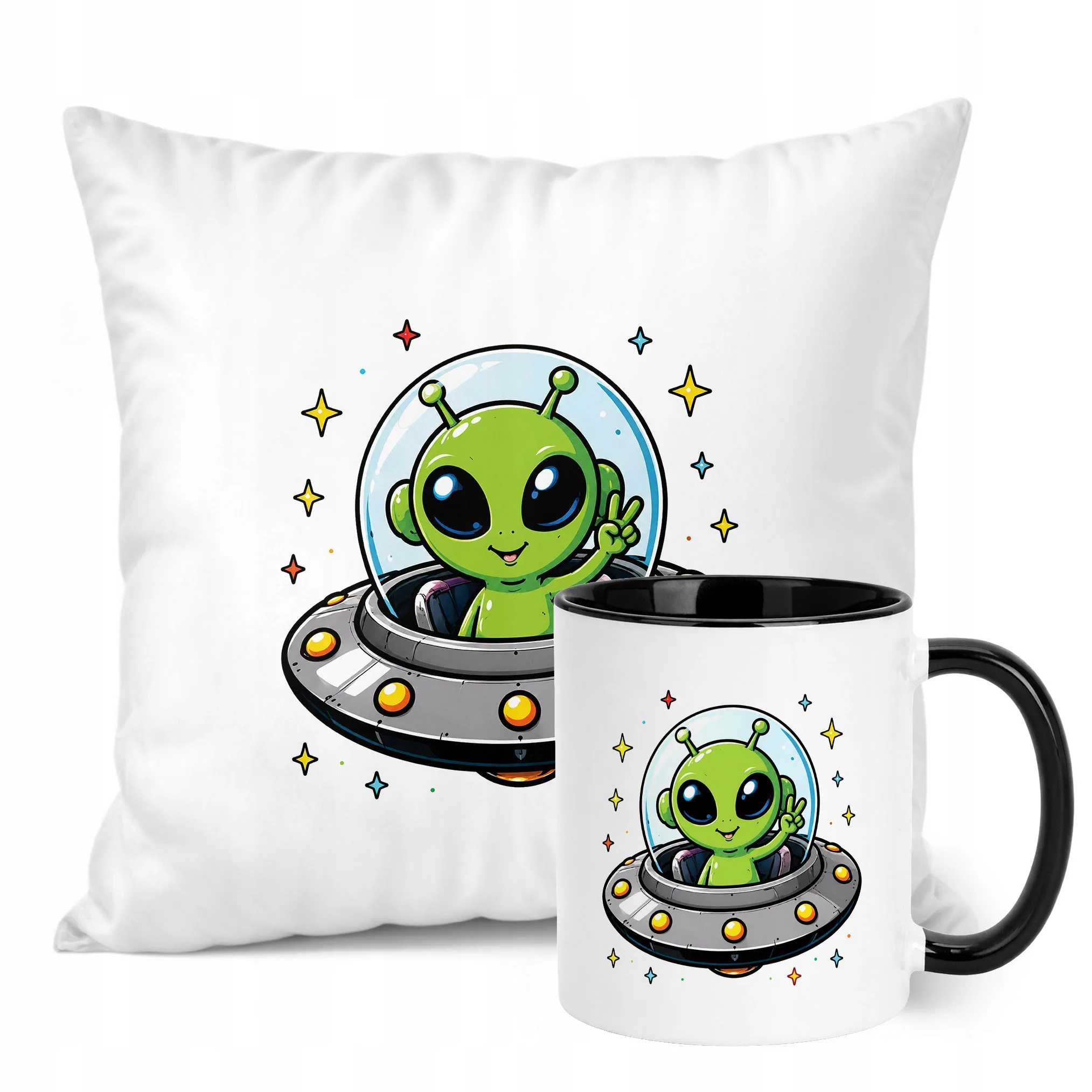 Zestaw Kubek Czarny Poduszka Z Nadrukiem Kosmita UFO Prezent