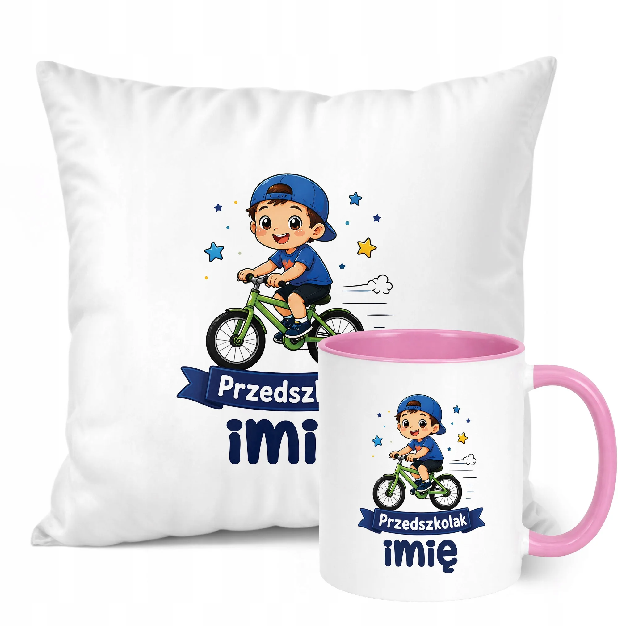 Zestaw Personalizowany Kubek Różowy Poduszka Przedszkolak Rower