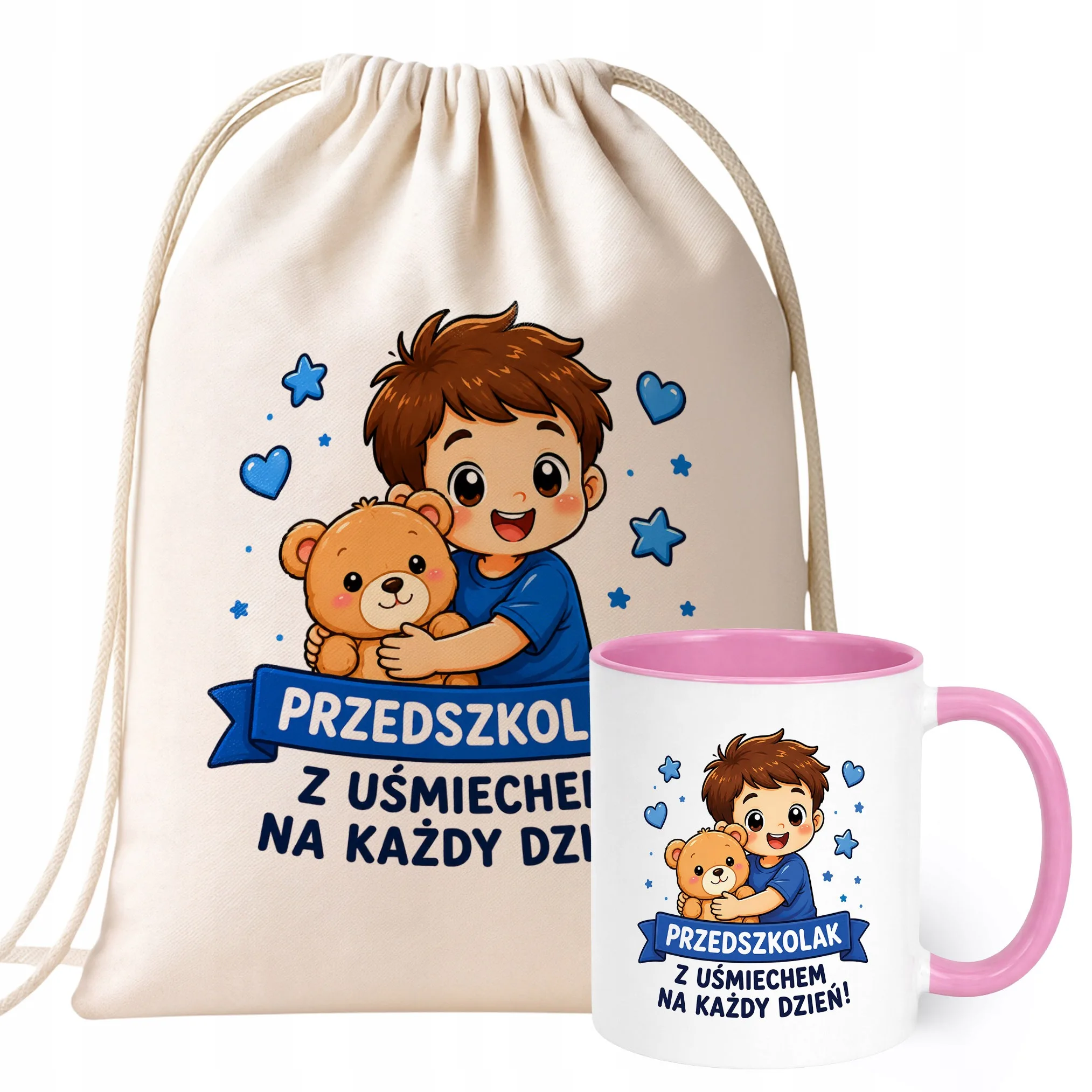 Zestaw Plecak Worek Kubek Różowy Z Nadrukiem Przedszkolak Dla Dzieci