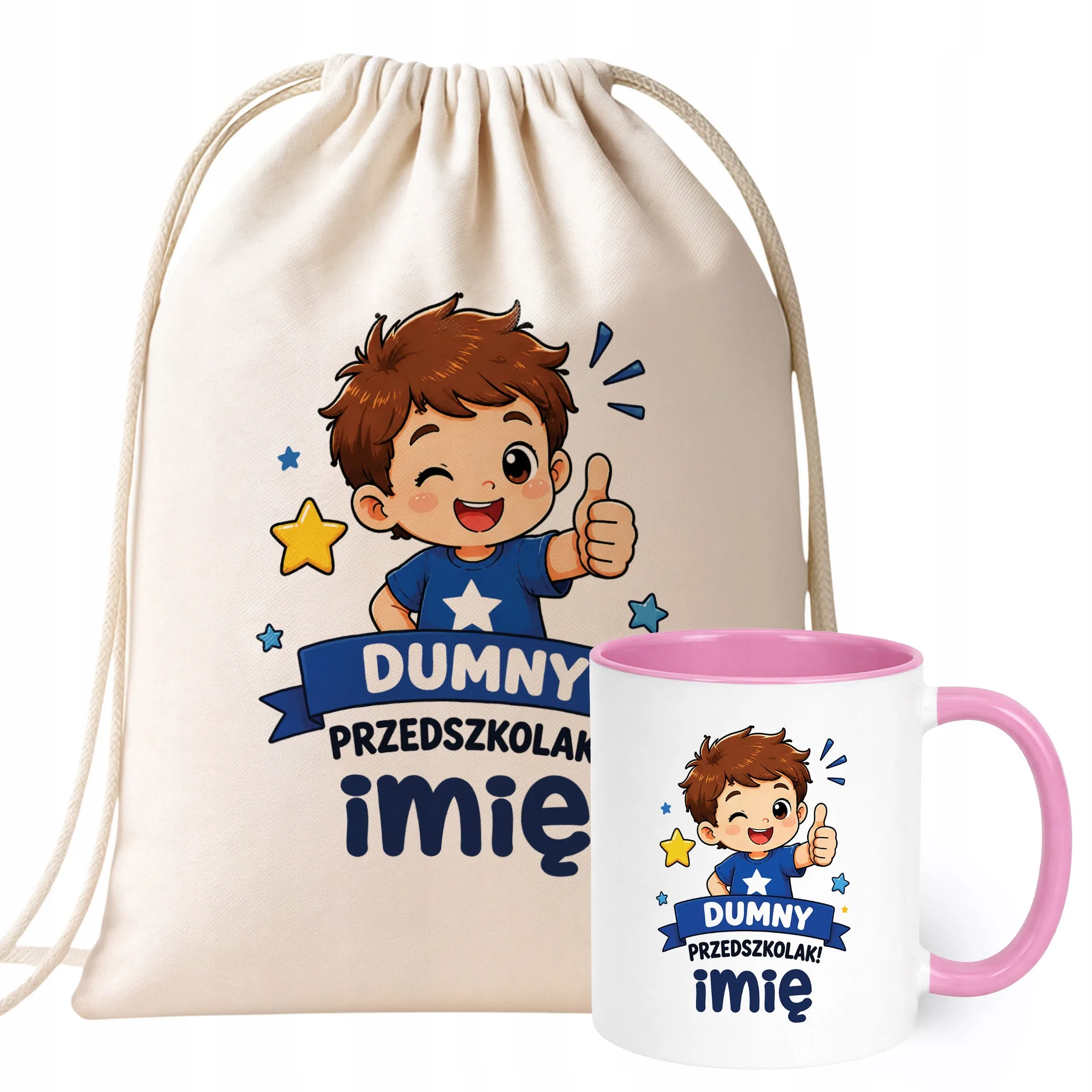 Zestaw Personalizowany Plecak Worek Kubek Różowy Dumny Przedszkolak