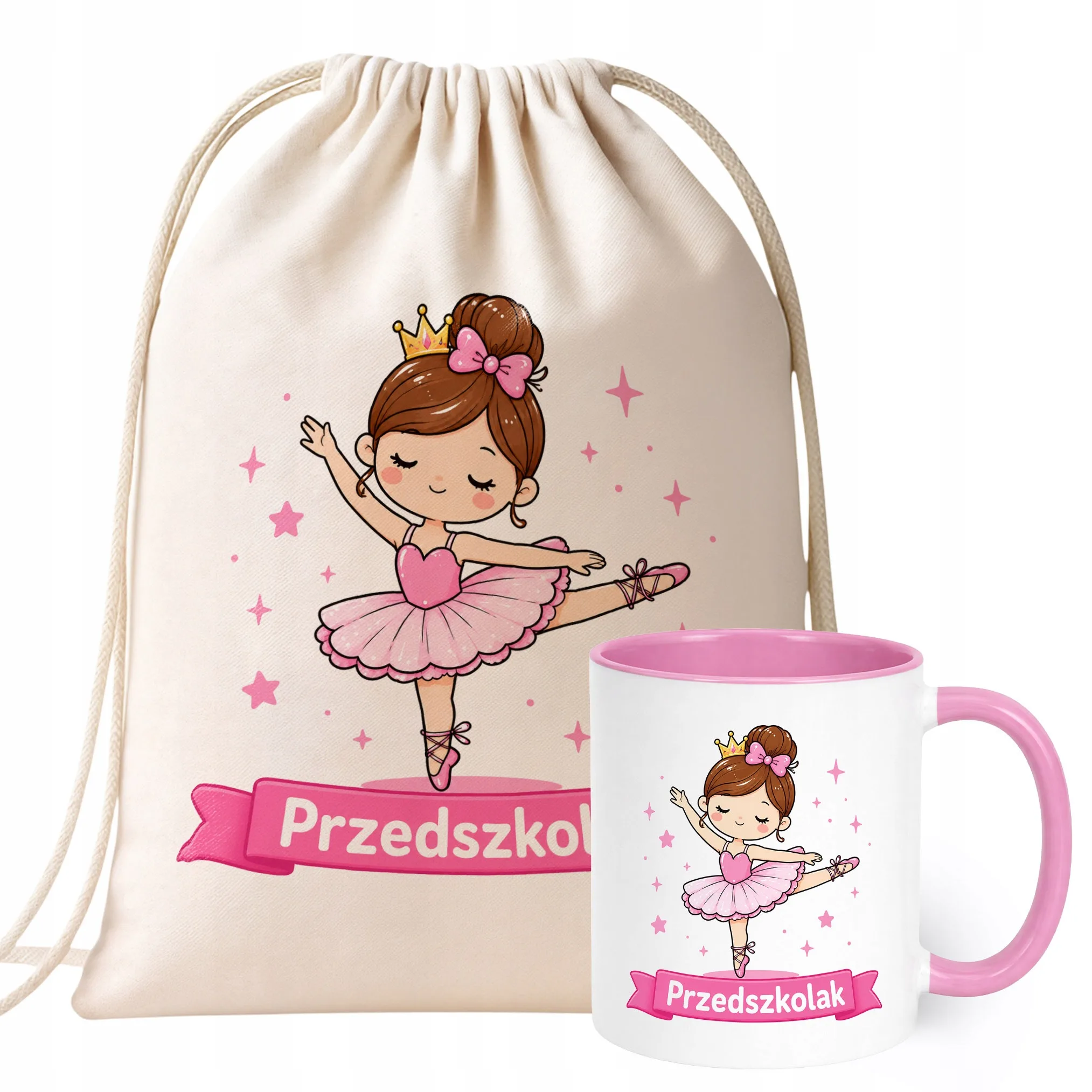 Zestaw Plecak Worek Kubek Różowy Z Nadrukiem Przedszkolak Dla Dzieci