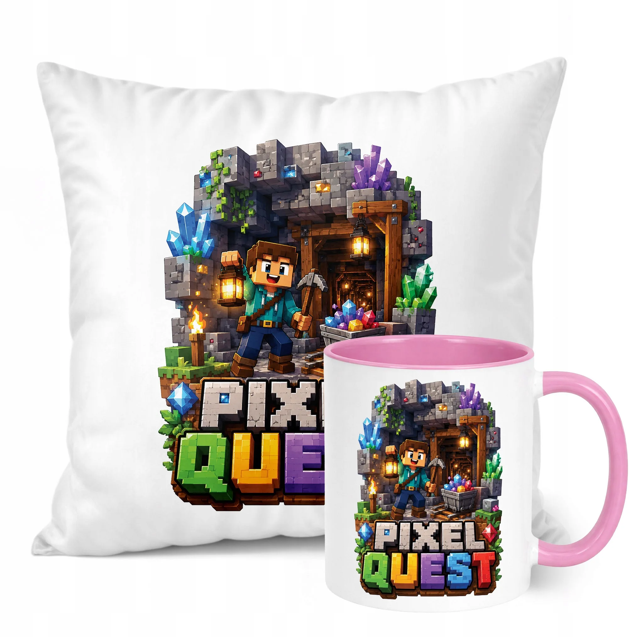 Zestaw Kubek Różowy Poduszka Z Nadrukiem PIXEL Gra Prezent