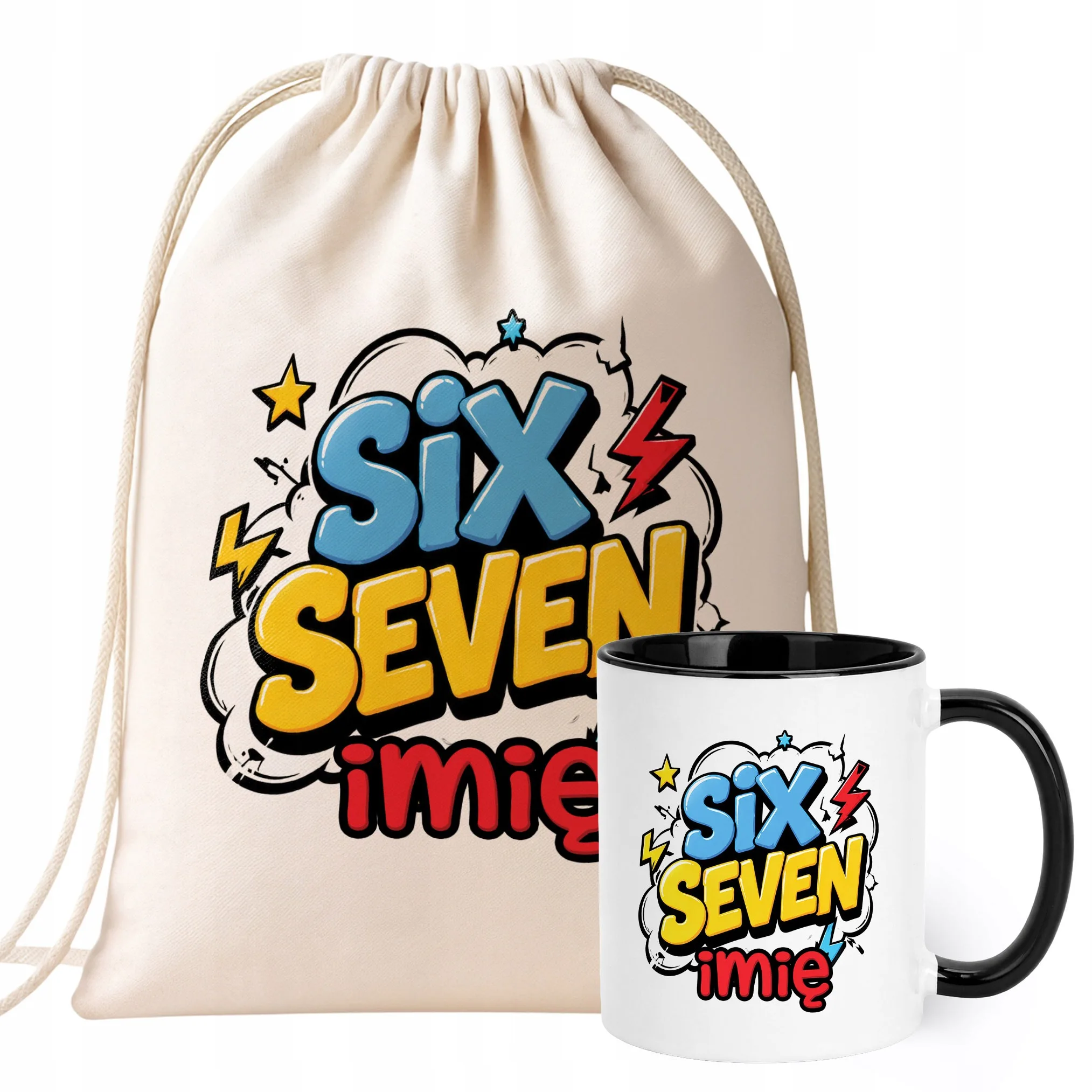 Zestaw Personalizowany Plecak Worek Kubek Czarny 67 Six Seven Prezent