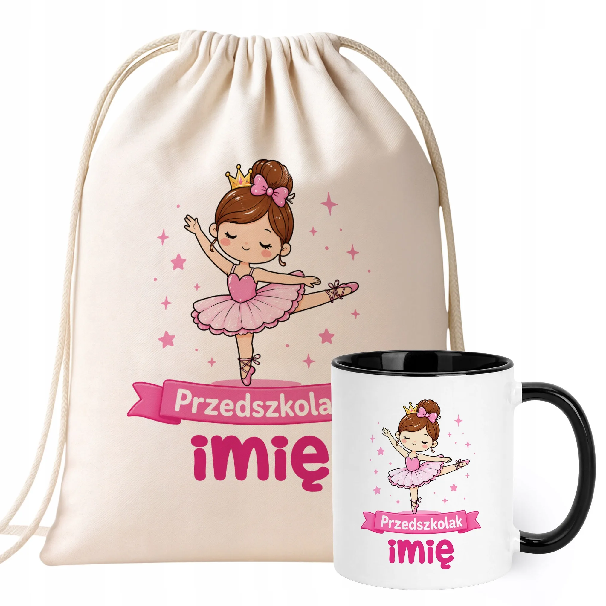 Zestaw Personalizowany Plecak Worek Kubek Czarny Przedszkolak Baletnica