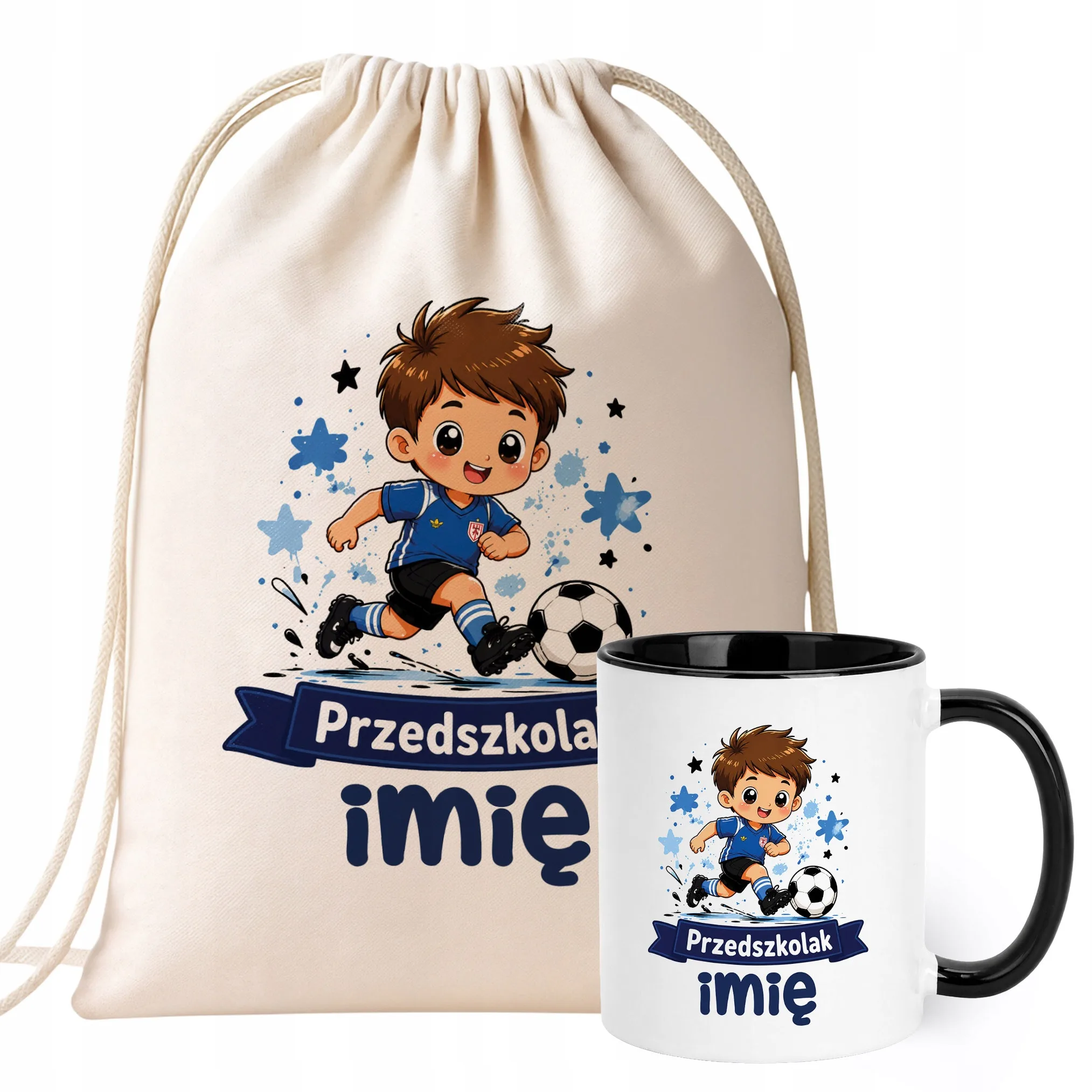 Zestaw Personalizowany Plecak Worek Kubek Czarny Przedszkolak Piłka nożna