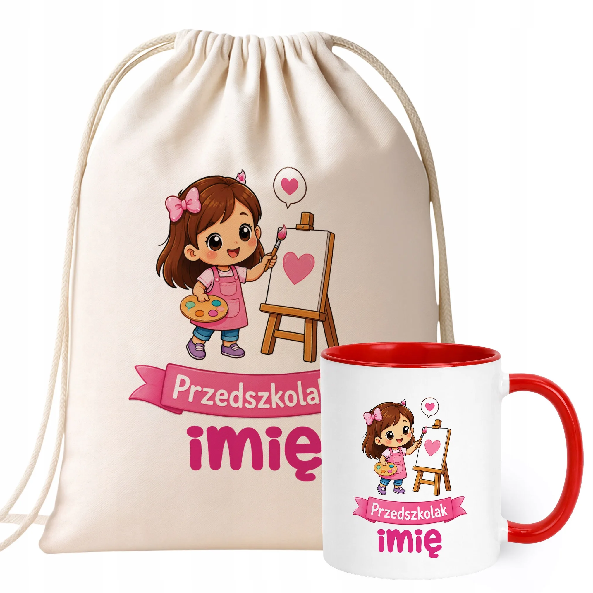Zestaw Personalizowany Plecak Worek Kubek Czerwony Przedszkolak Prezent