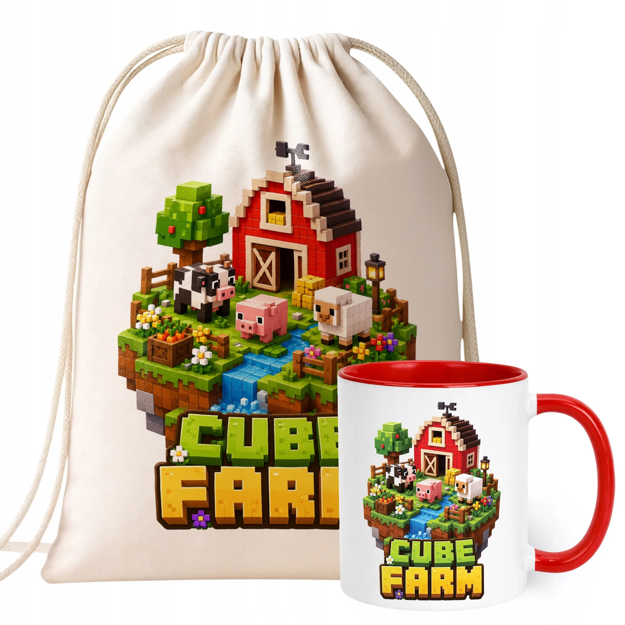 Zestaw Plecak Worek Kubek Czerwony Z Nadrukiem CUBE FARM Dla Dzieci