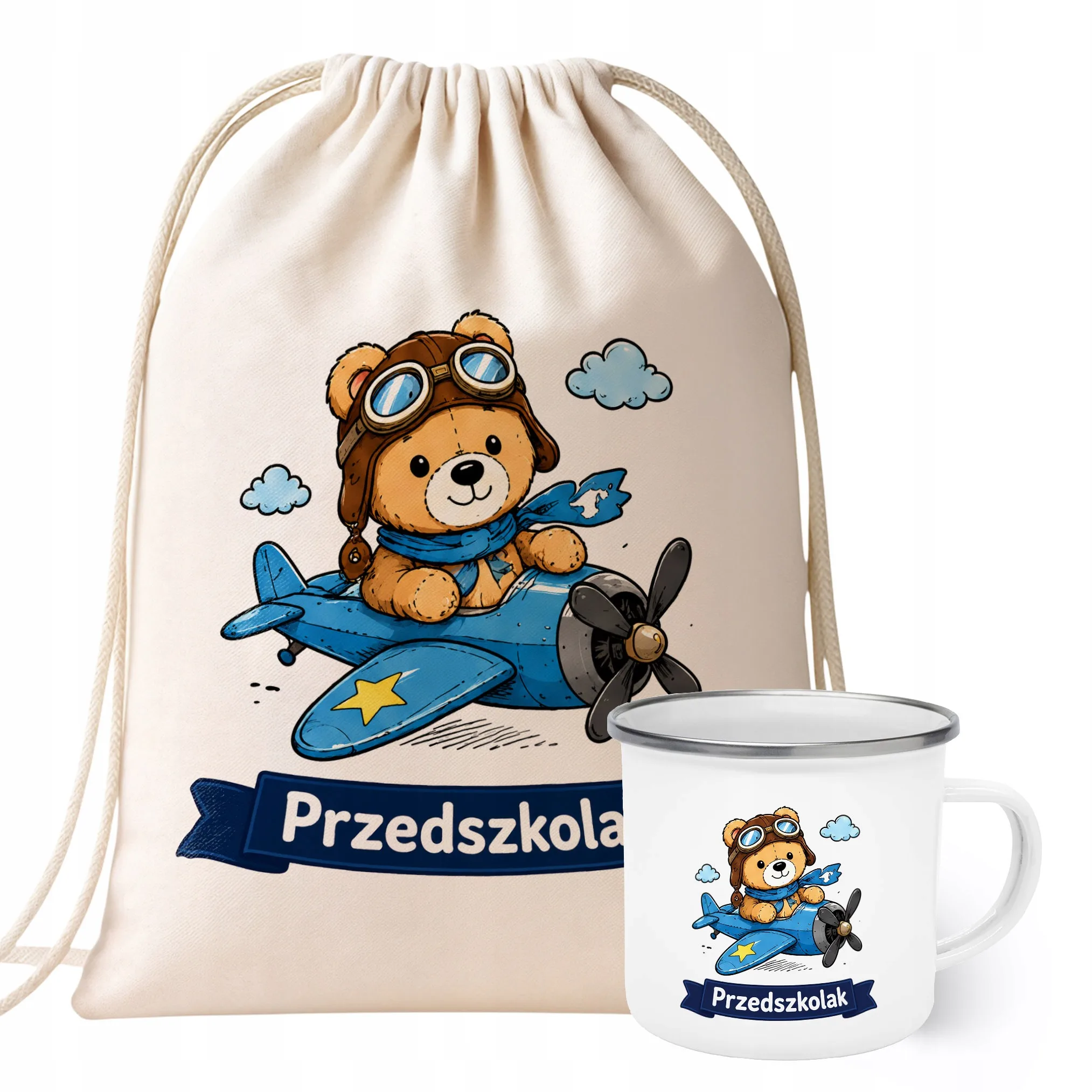 Zestaw Plecak Worek Kubek Emaliowany Z Nadrukiem Przedszkolak Szkoła