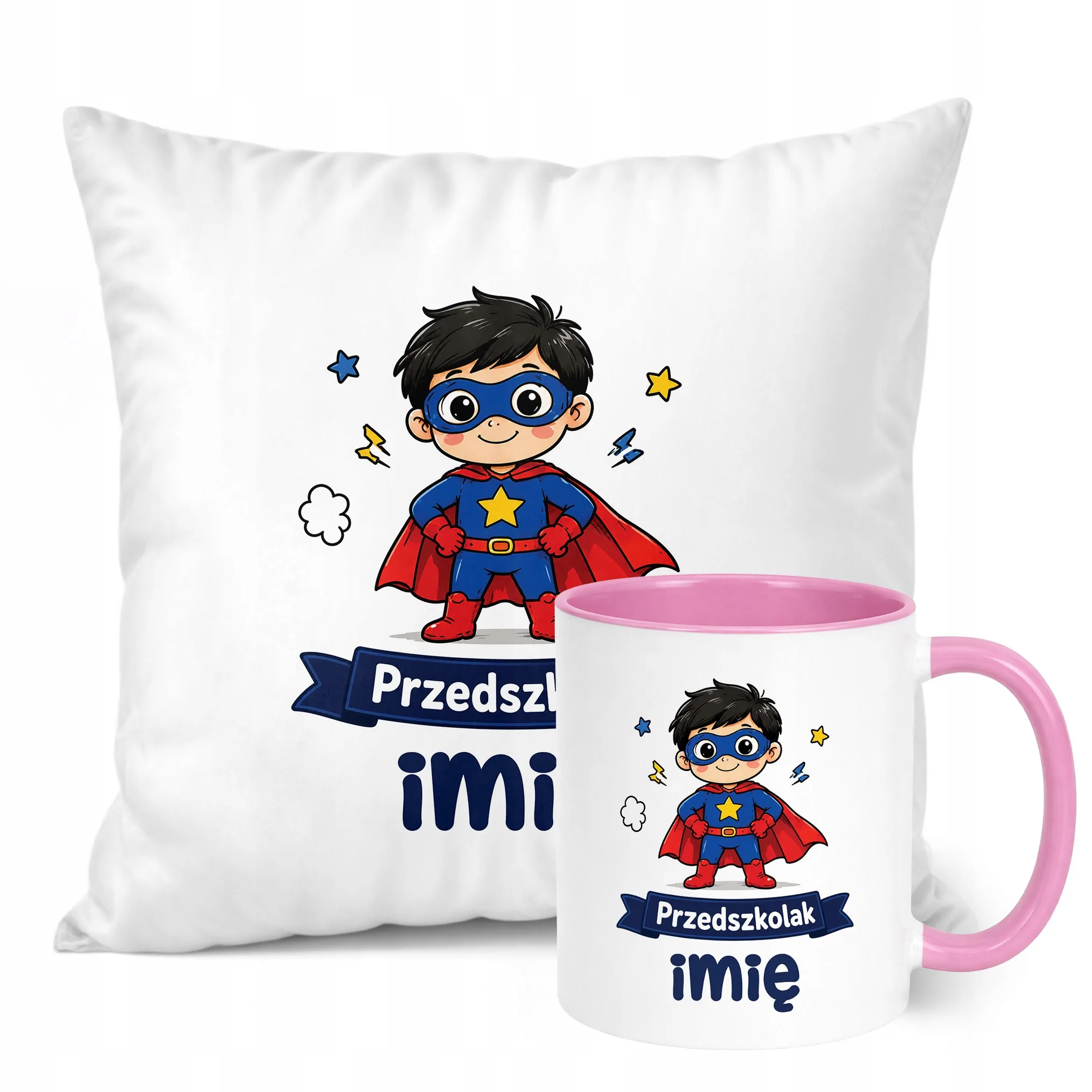 Zestaw Personalizowany Kubek Różowy Poduszka Przedszkolak