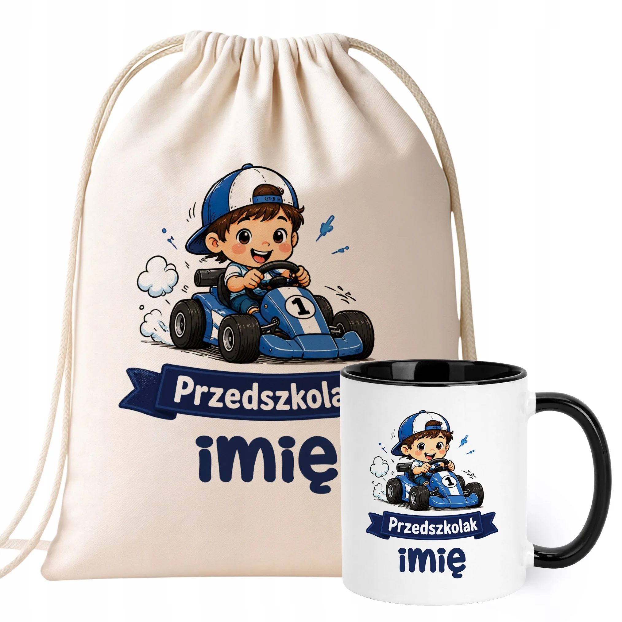 Zestaw Personalizowany Plecak Worek Kubek Czarny Przedszkolak Prezent