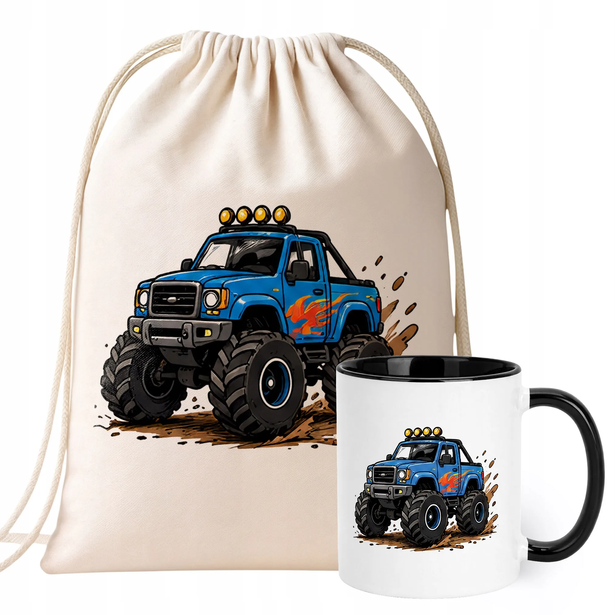 Zestaw Plecak Worek Kubek Czarny Z Nadrukiem Monster Truck Dla Dzieci