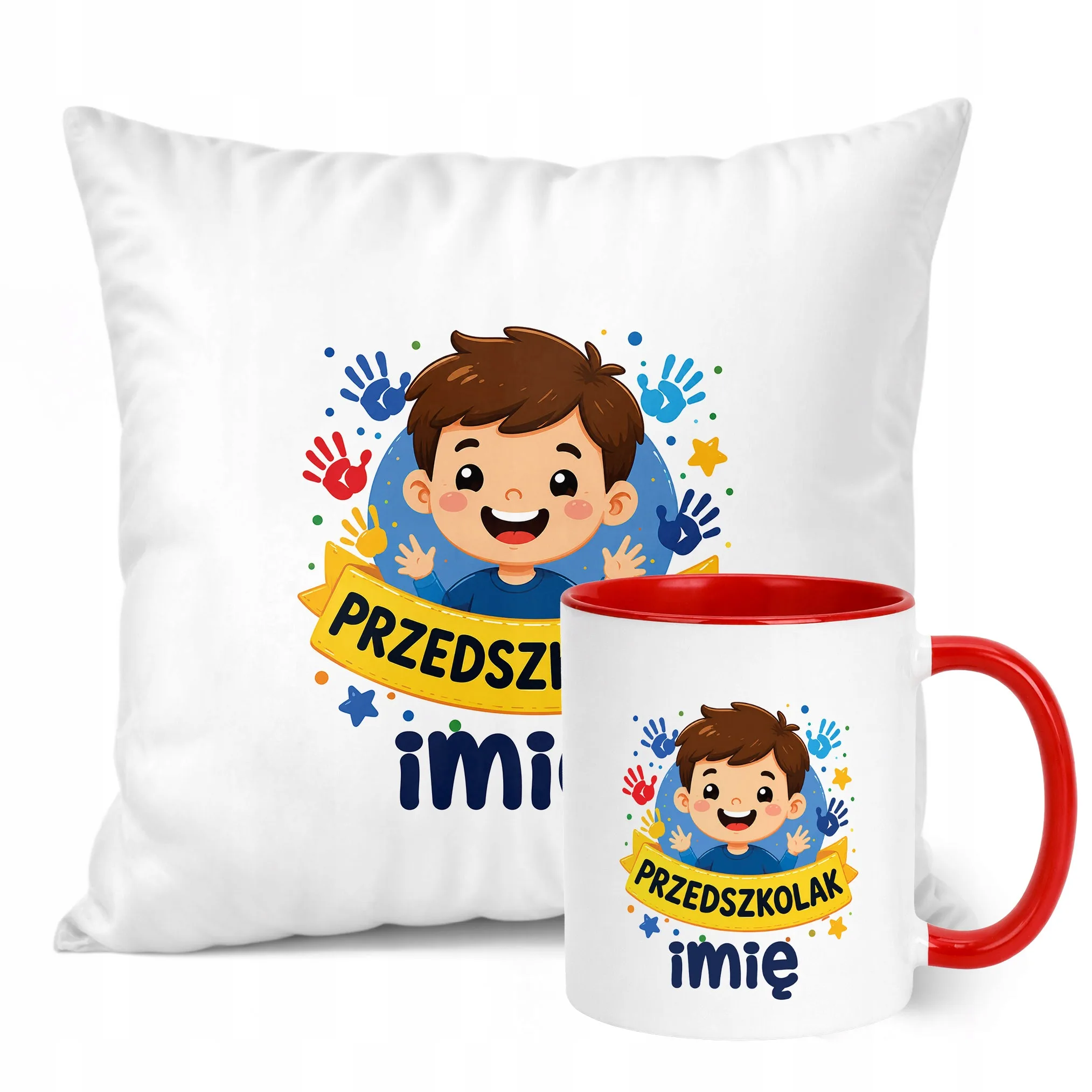Zestaw Personalizowany Kubek Czerwony Poduszka Przedszkolak Prezent