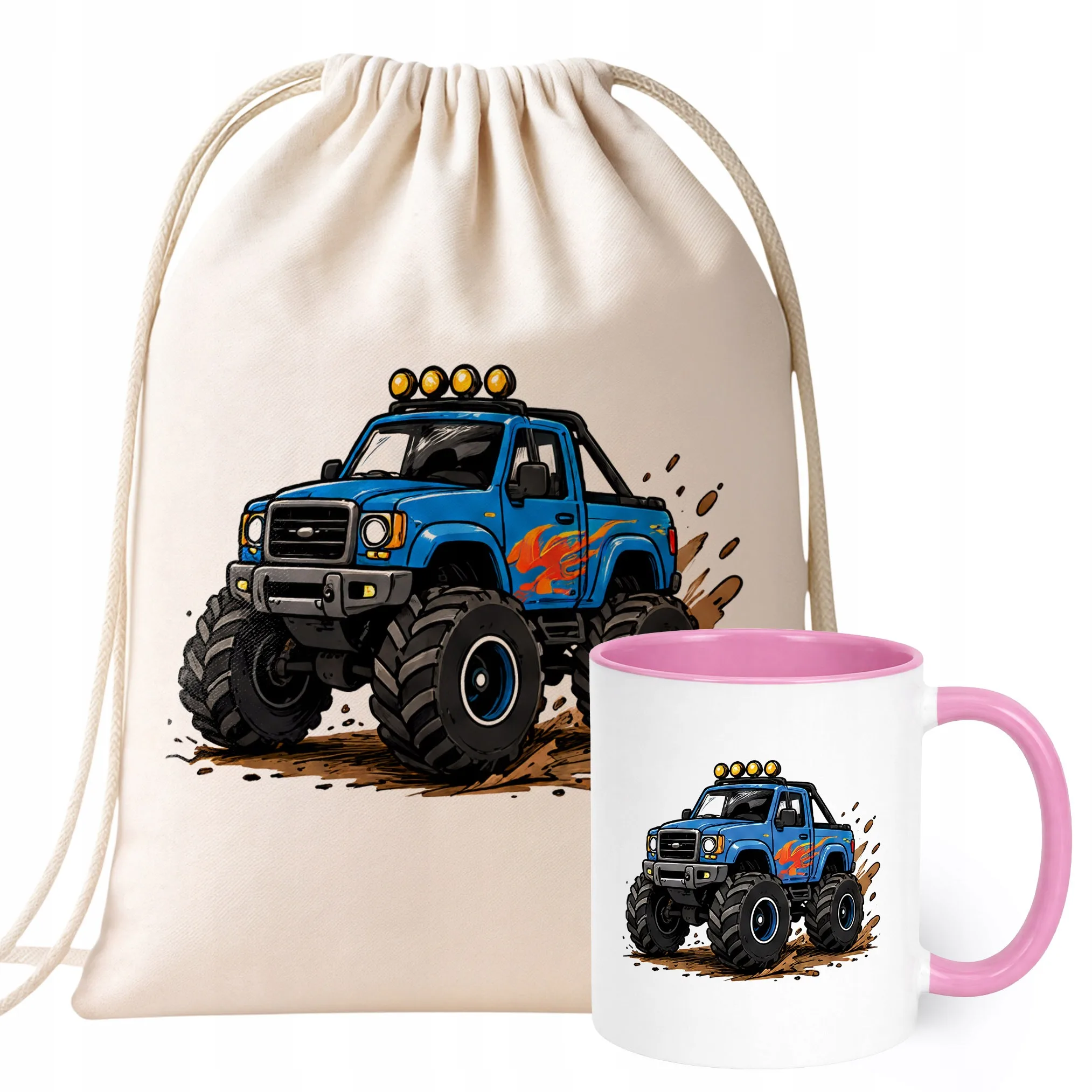 Zestaw Plecak Worek Kubek Różowy Z Nadrukiem Monster Truck Dla Dzieci