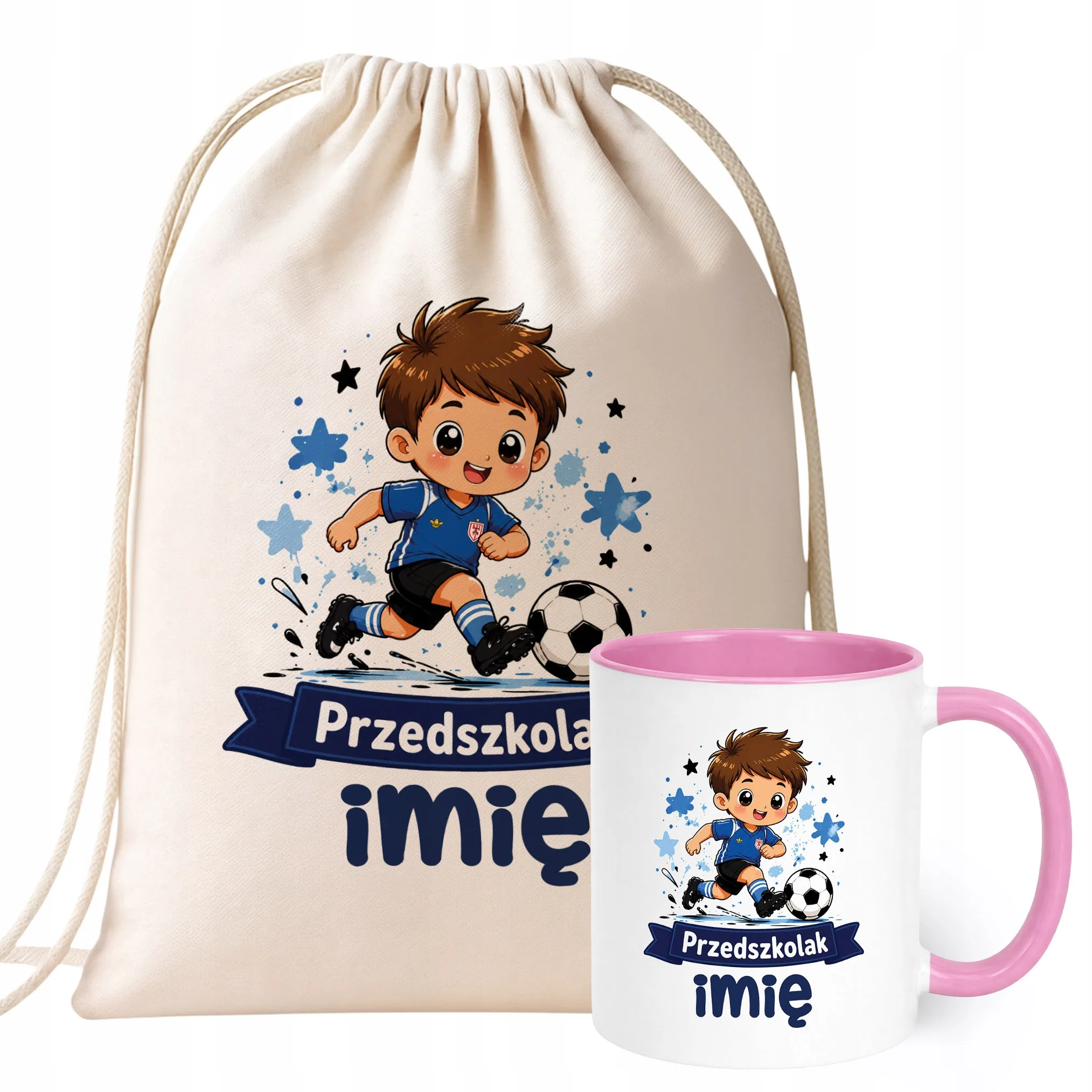 Zestaw Personalizowany Plecak Worek Kubek Różowy Przedszkolak Piłka nożna