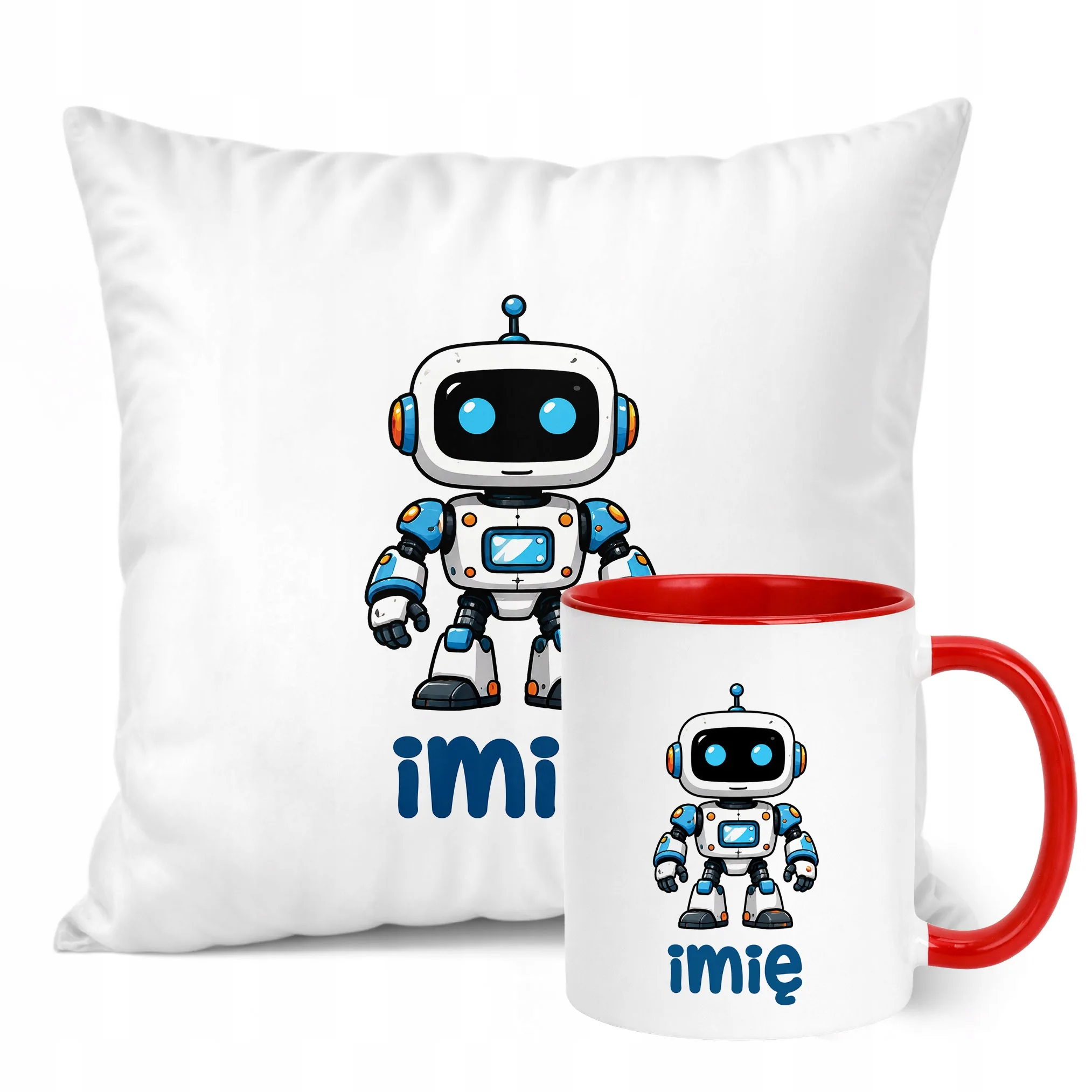 Zestaw Personalizowany Kubek Czerwony Poduszka Robot Prezent