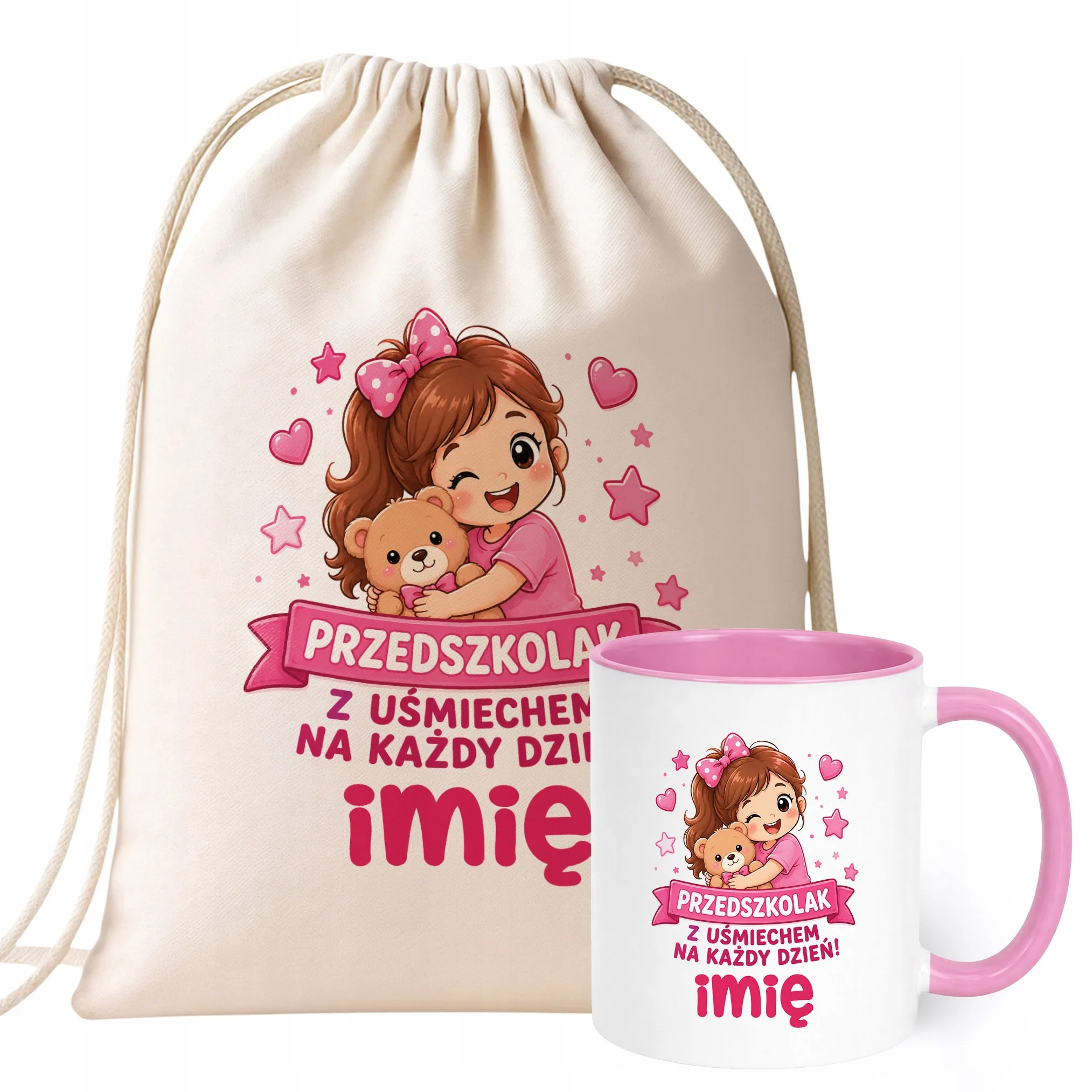 Zestaw Personalizowany Plecak Worek Kubek Różowy Przedszkolak Prezent