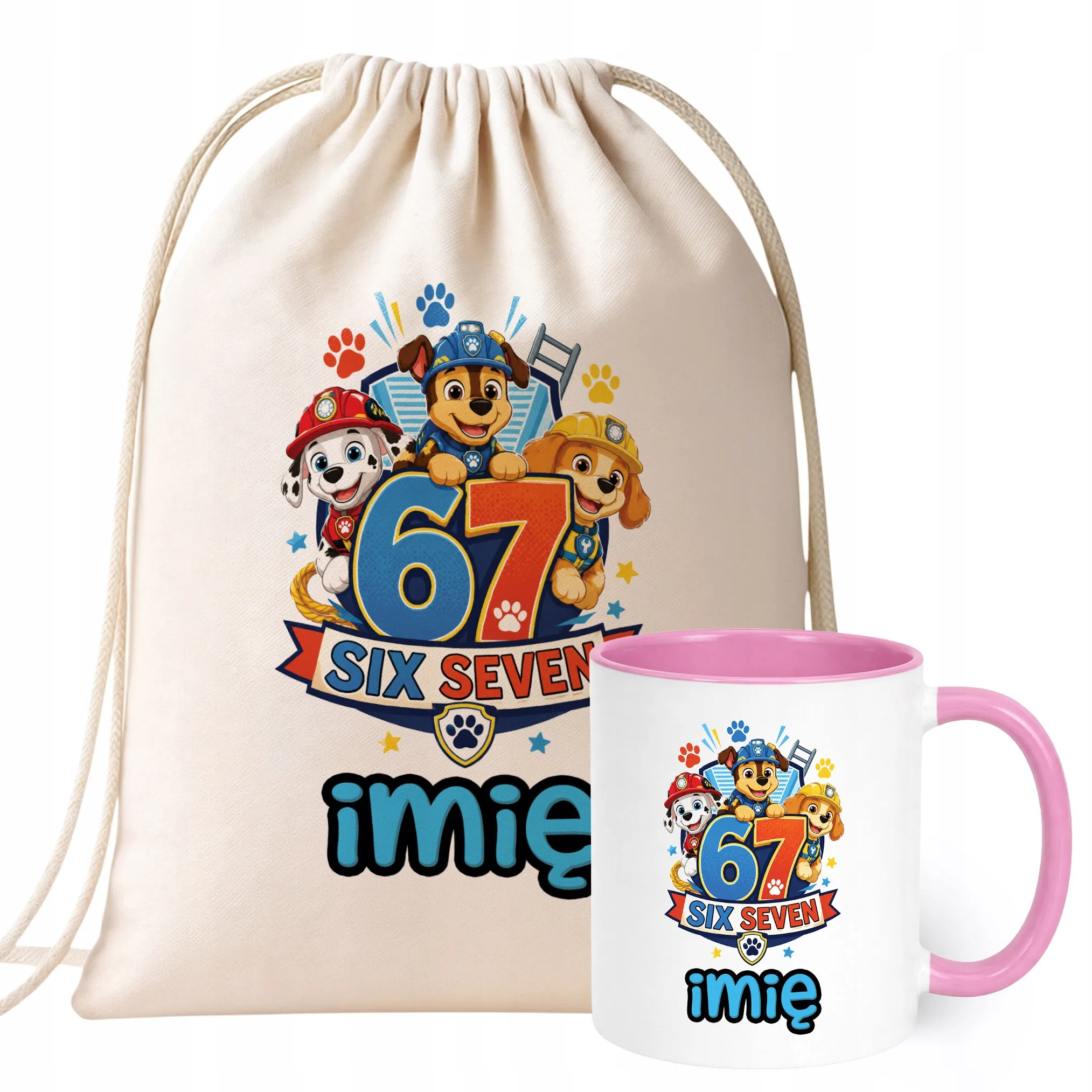 Zestaw Personalizowany Plecak Worek Kubek Różowy Pies 67 Six Seven Prezent