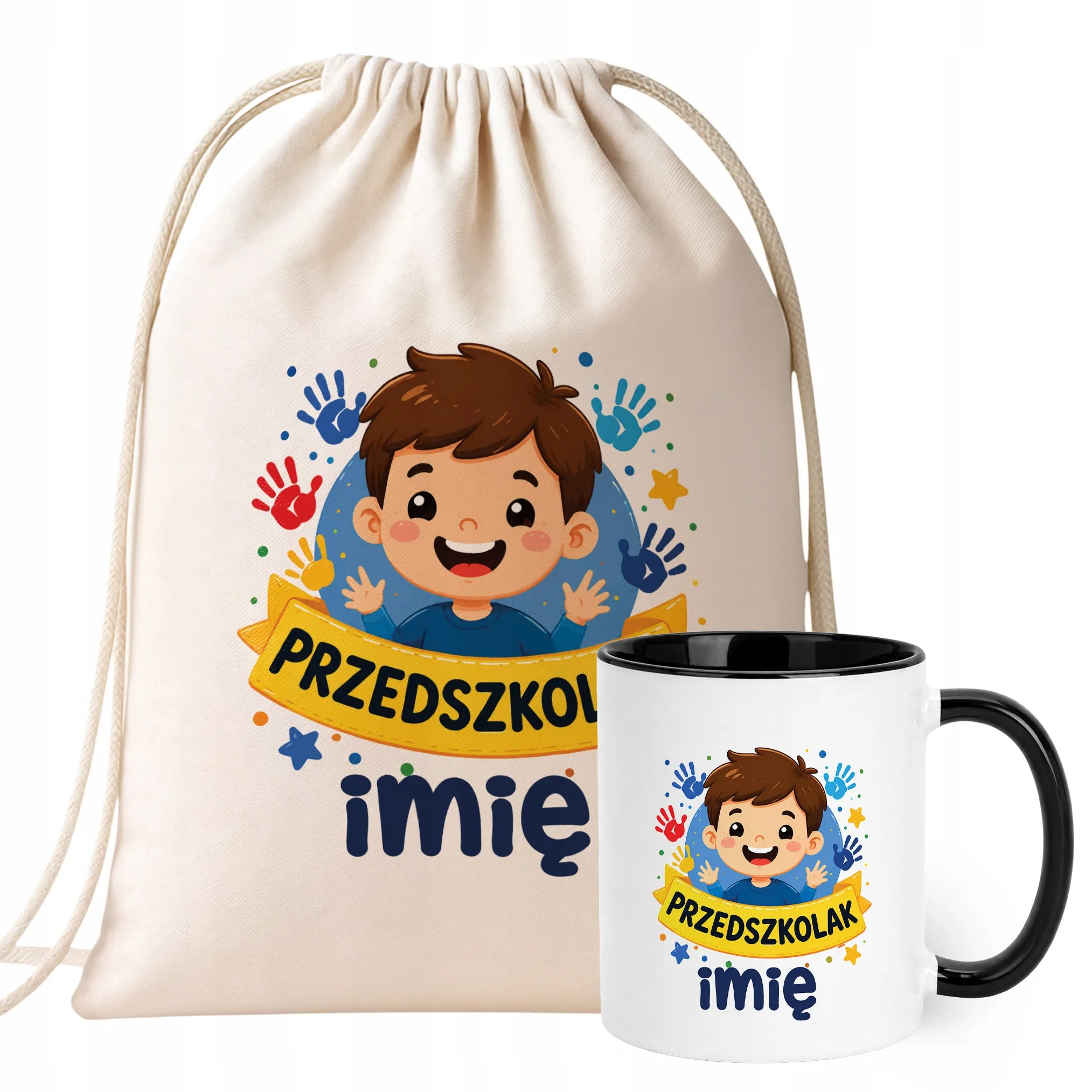 Zestaw Personalizowany Plecak Worek Kubek Czarny Przedszkolak Prezent