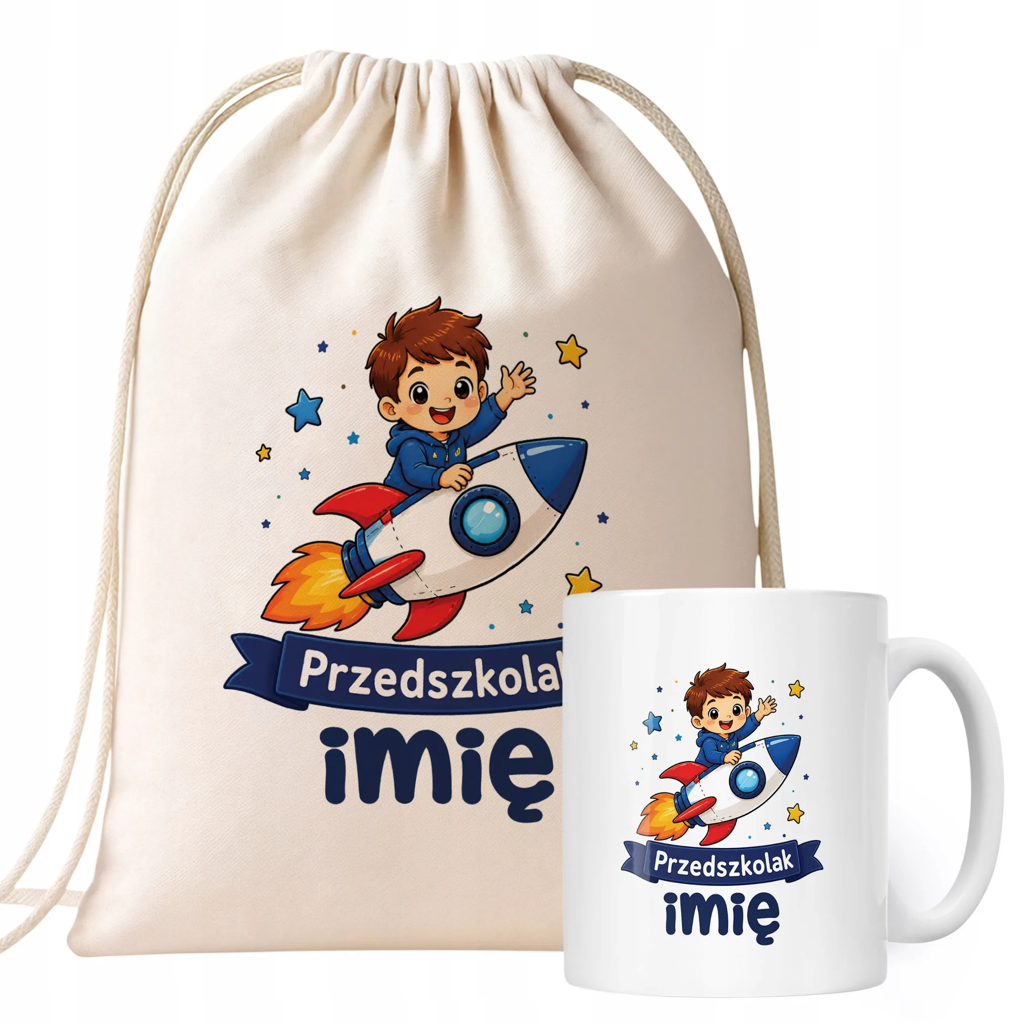 Zestaw Personalizowany Plecak Worek Kubek Przedszkolak Rakieta Prezent