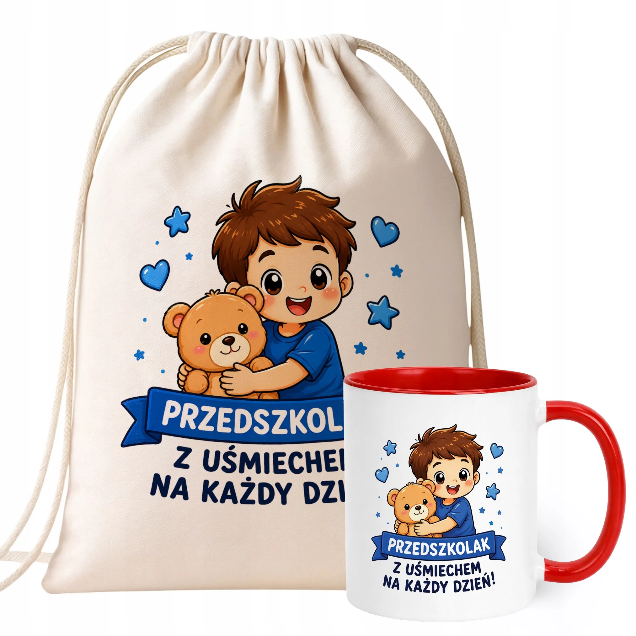 Zestaw Plecak Worek Kubek Czerwony Z Nadrukiem Przedszkolak Dla Dzieci