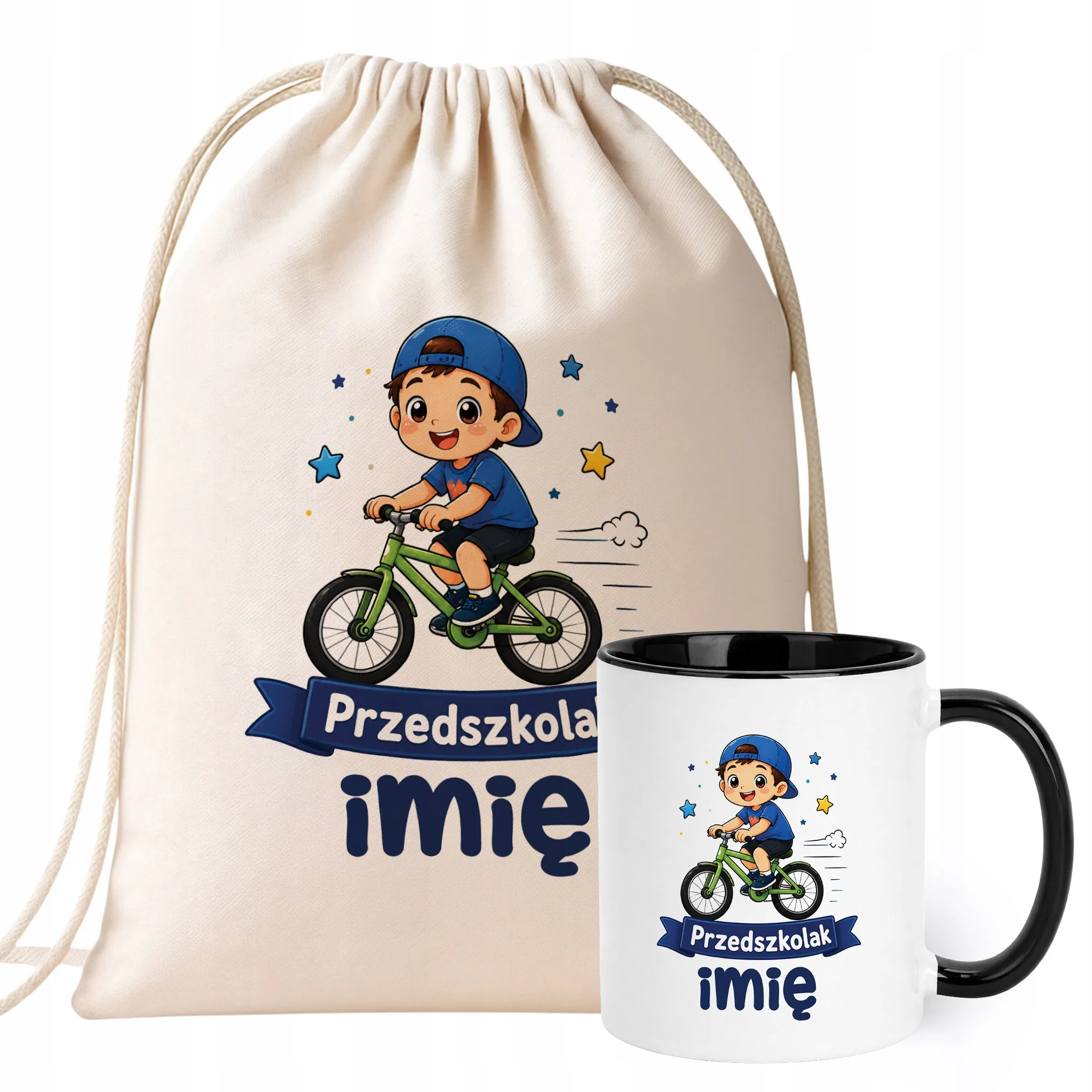 Zestaw Personalizowany Plecak Worek Kubek Czarny Przedszkolak Rower